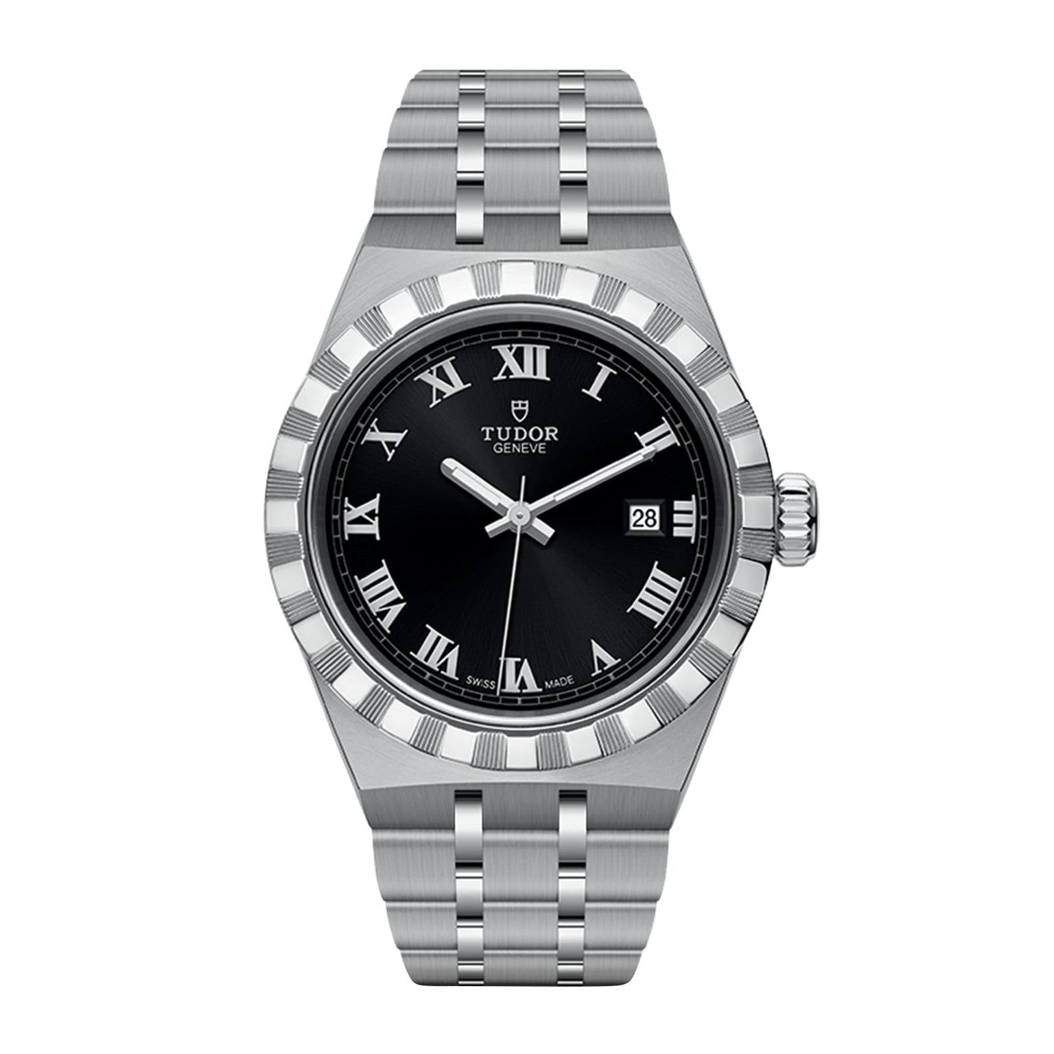 The TUDOR Royal is a stainless steel automatic watch with a black dial, Roman numerals, date at 3 o’clock, and a brushed metal bracelet—offering an elegant sport-chic style.
