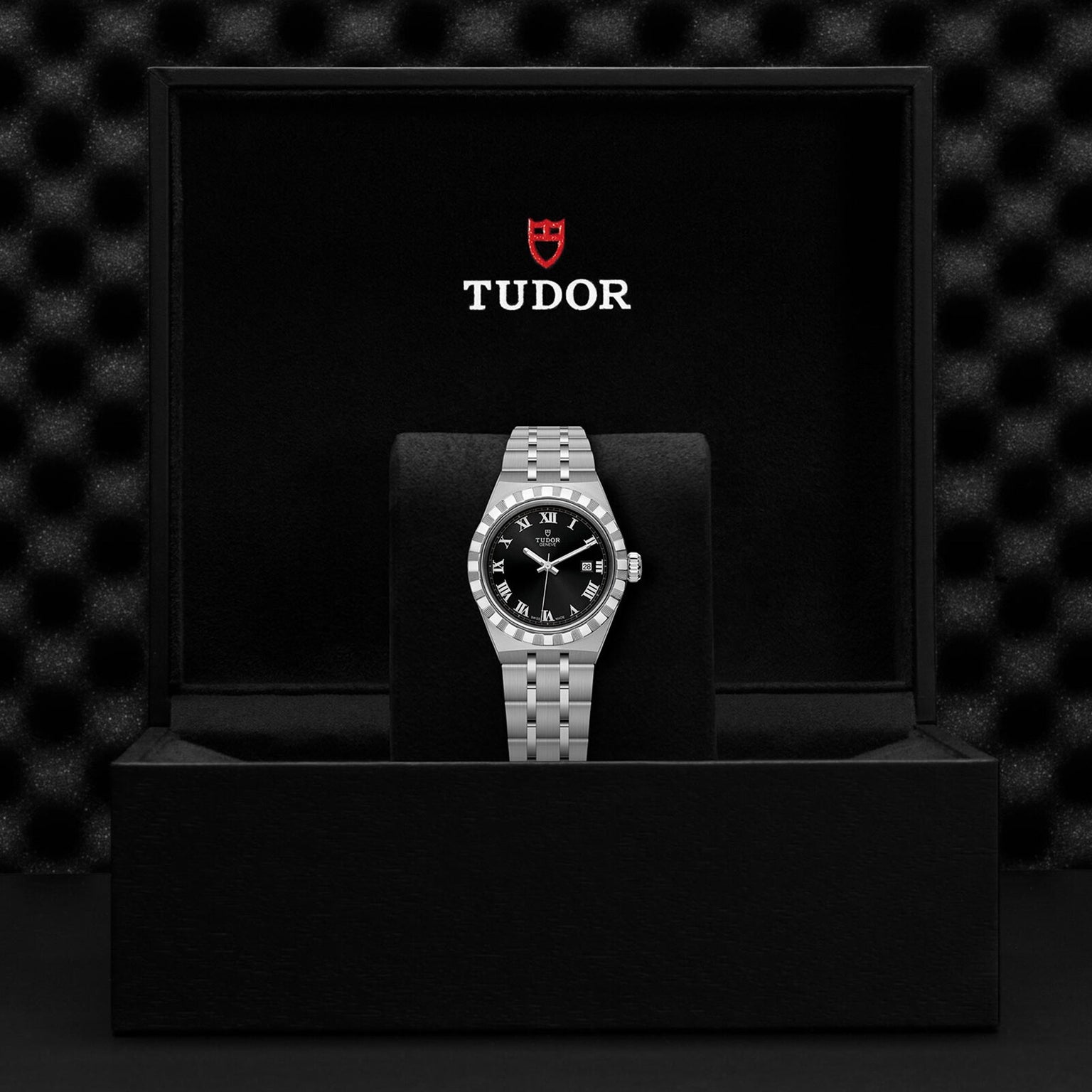 A TUDOR Royal wristwatch, featuring a black dial with Roman numerals, is presented on a cushion inside a black TUDOR box, highlighting the sport-chic elegance of this automatic stainless steel and gold timepiece.