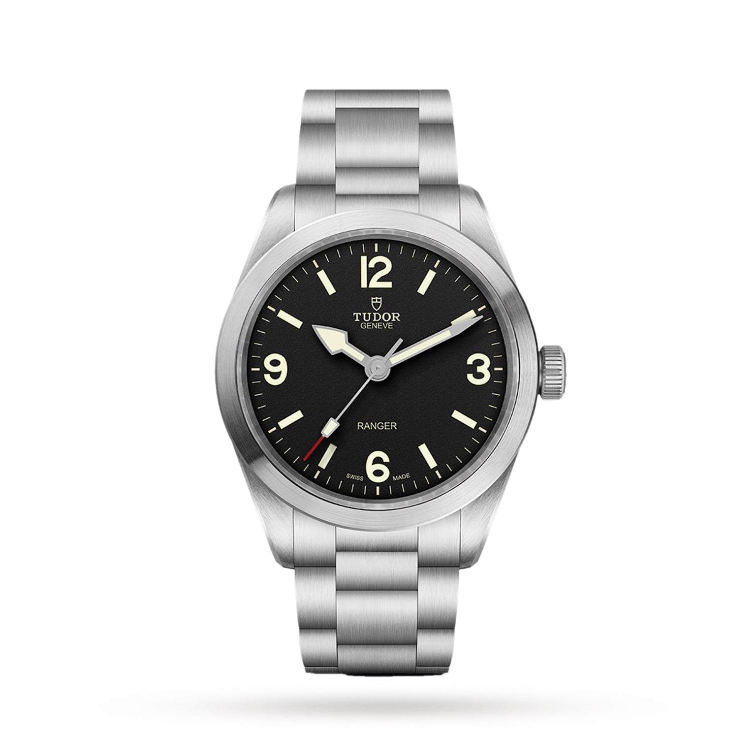 The TUDOR Ranger features a stainless steel case, black dial with Super Luminova hands and markers, a metal bracelet, and is powered by the MT5402 movement, shown here on a white background.