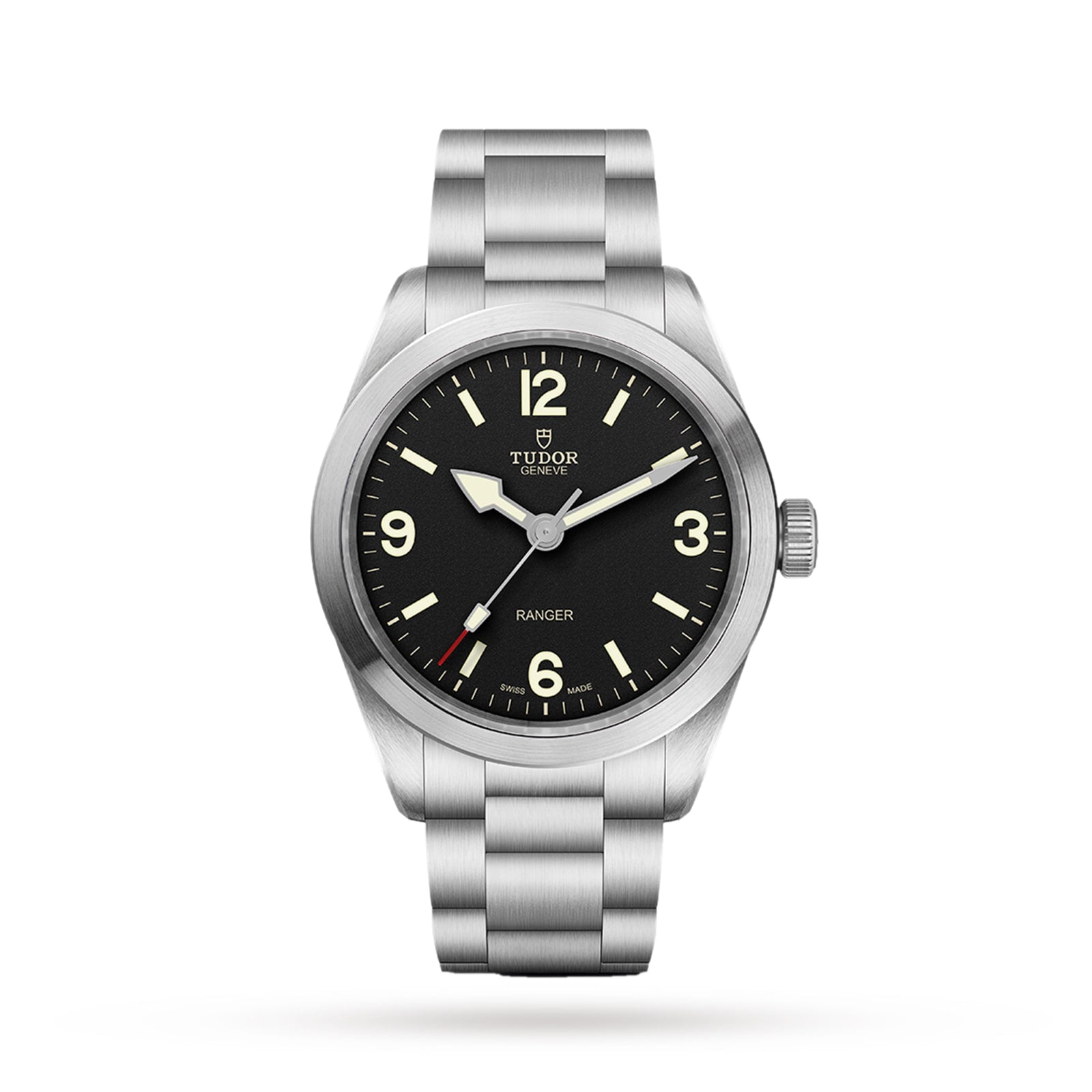 The TUDOR Ranger features a stainless steel case, black dial with Super Luminova hands and markers, a metal bracelet, and is powered by the MT5402 movement, shown here on a white background.