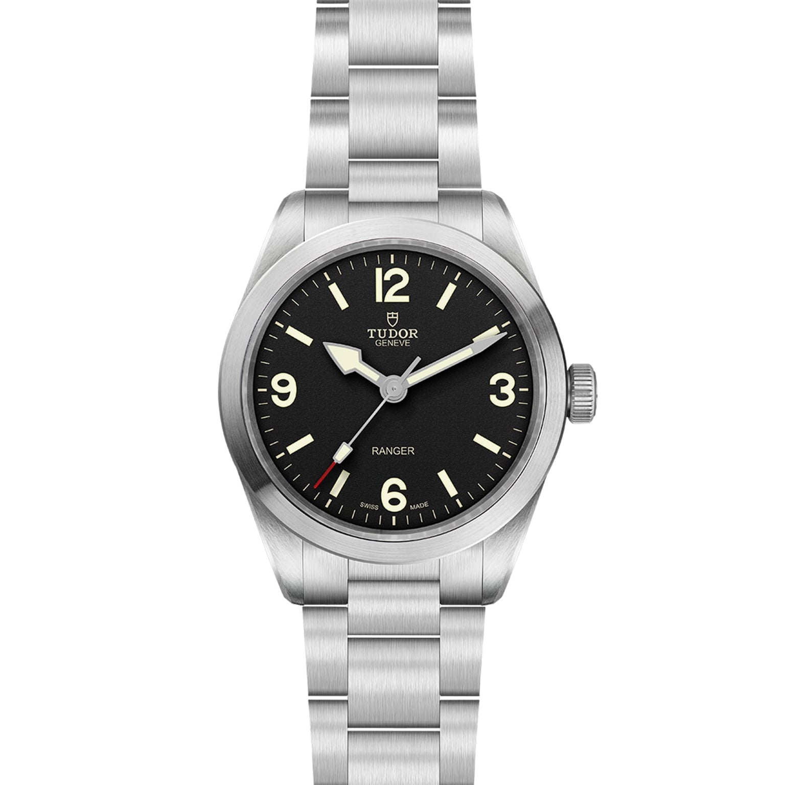 The TUDOR Ranger is a stainless steel watch with a black dial, Super Luminova hands, Arabic numerals at 12, 3, 6, and 9, powered by the Tudor MT5402 movement and presented on a metal bracelet.