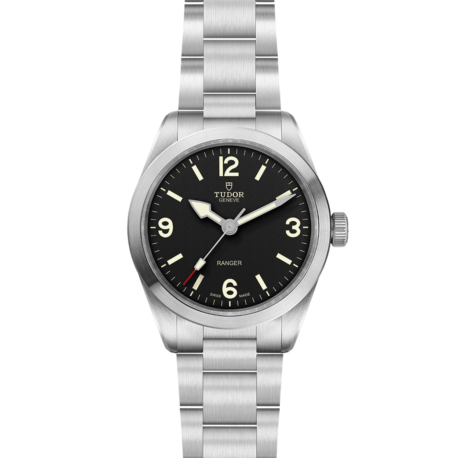 The TUDOR Ranger is a stainless steel watch with a black dial, Super Luminova hands, Arabic numerals at 12, 3, 6, and 9, powered by the Tudor MT5402 movement and presented on a metal bracelet.