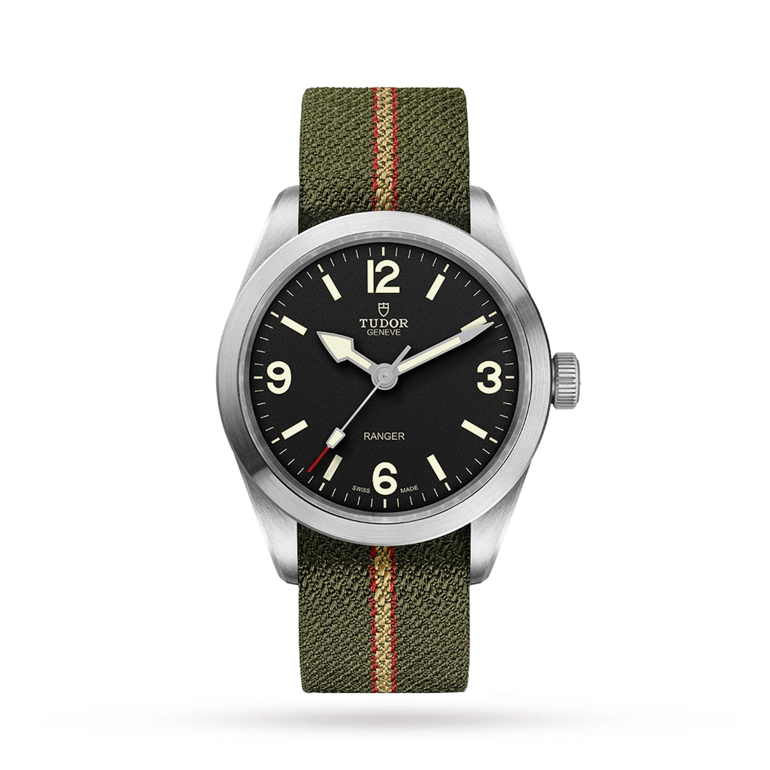 The TUDOR Ranger wristwatch features a black dial with Arabic numerals and an olive green jacquard strap with a red stripe, perfectly capturing the adventurous spirit of the Ranger collection.