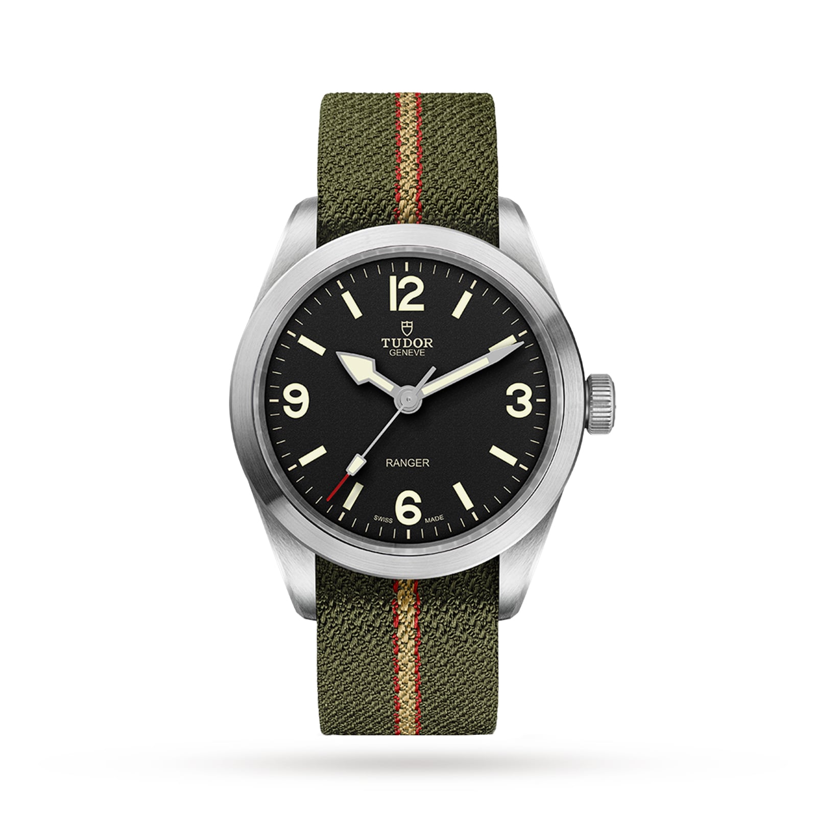 The TUDOR Ranger wristwatch features a black dial with Arabic numerals and an olive green jacquard strap with a red stripe, perfectly capturing the adventurous spirit of the Ranger collection.