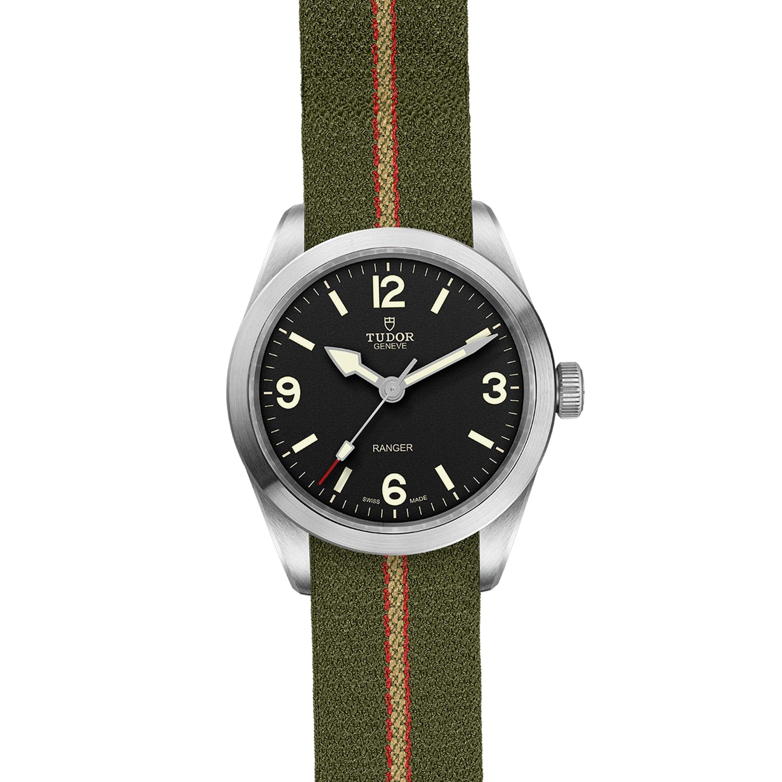 The TUDOR Ranger features a black dial with white numerals and an olive green jacquard strap with a bold red stripe, powered by the robust MT5402 movement.