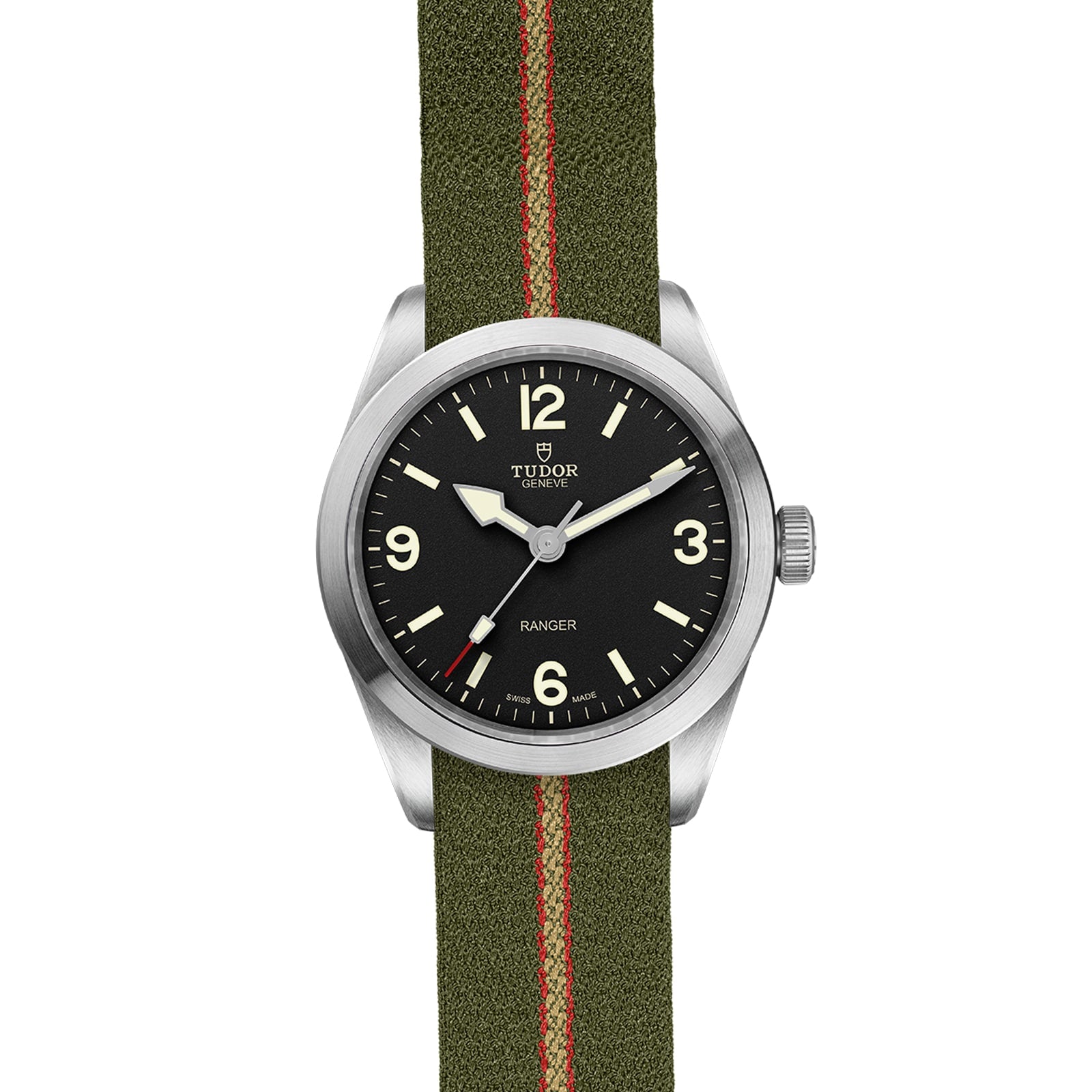 The TUDOR Ranger features a black dial with white numerals and an olive green jacquard strap with a bold red stripe, powered by the robust MT5402 movement.