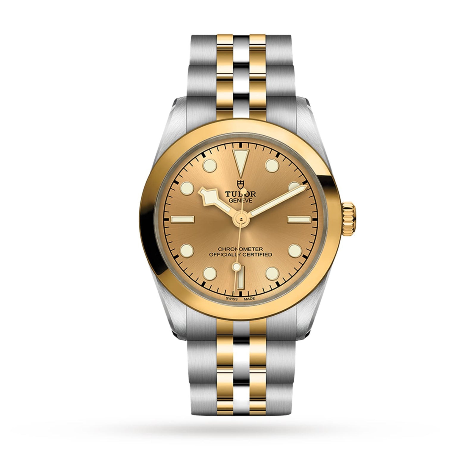 A TUDOR Black Bay One 31 S&G wristwatch with a gold dial and two-tone gold and silver metal link bracelet, shown on a white background.