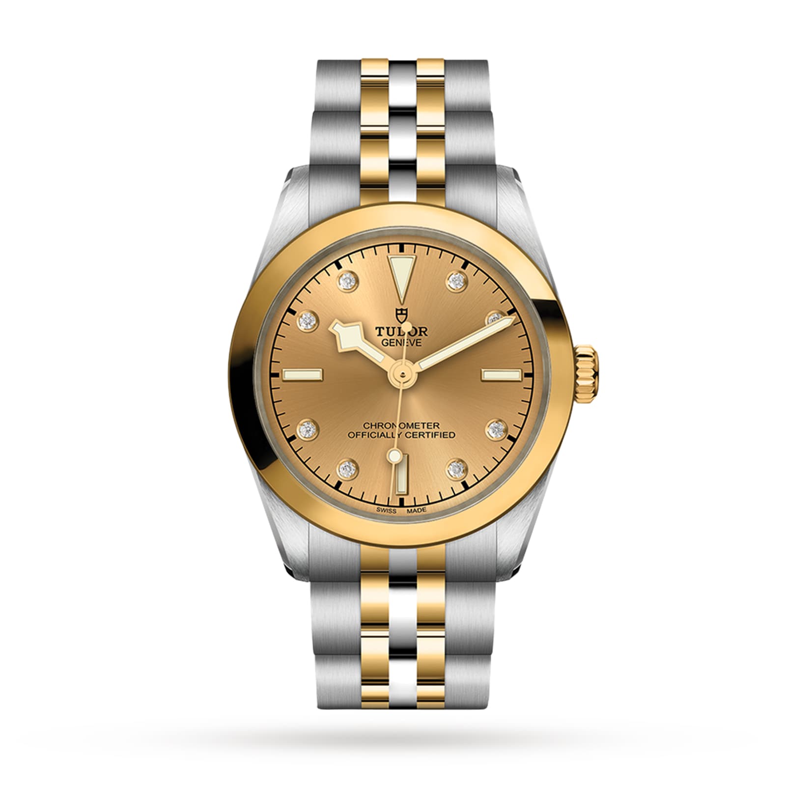 The TUDOR Black Bay One 31 S&G is a two-tone gold and silver wristwatch featuring a gold dial with diamond hour markers, shown on a white background.