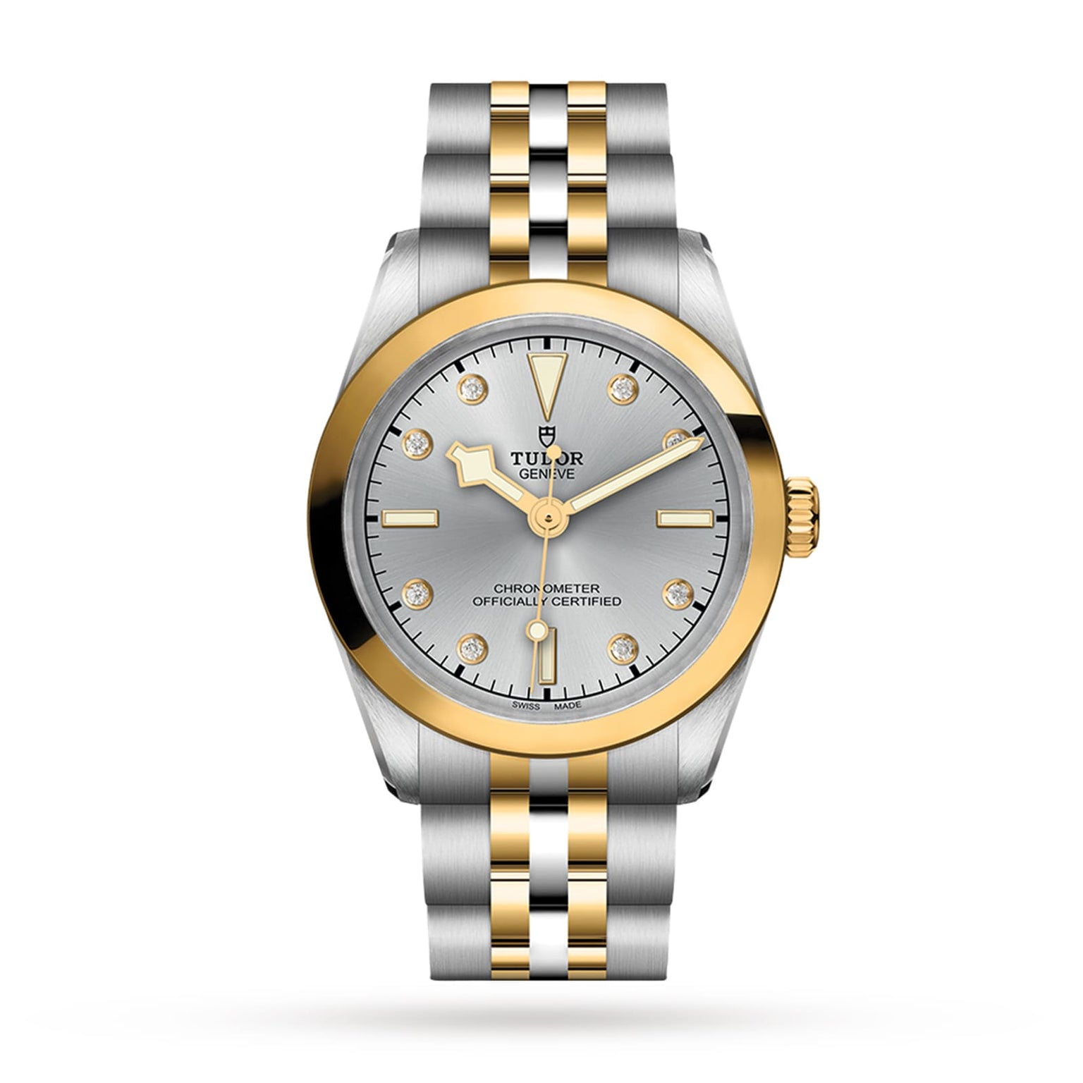 The TUDOR Black Bay One 31 S&G, featuring a silver dial, gold bezel, gold hour markers, and a steel & gold bracelet, is displayed on a white background, showcasing the refined elegance of TUDOR divers’ watches.