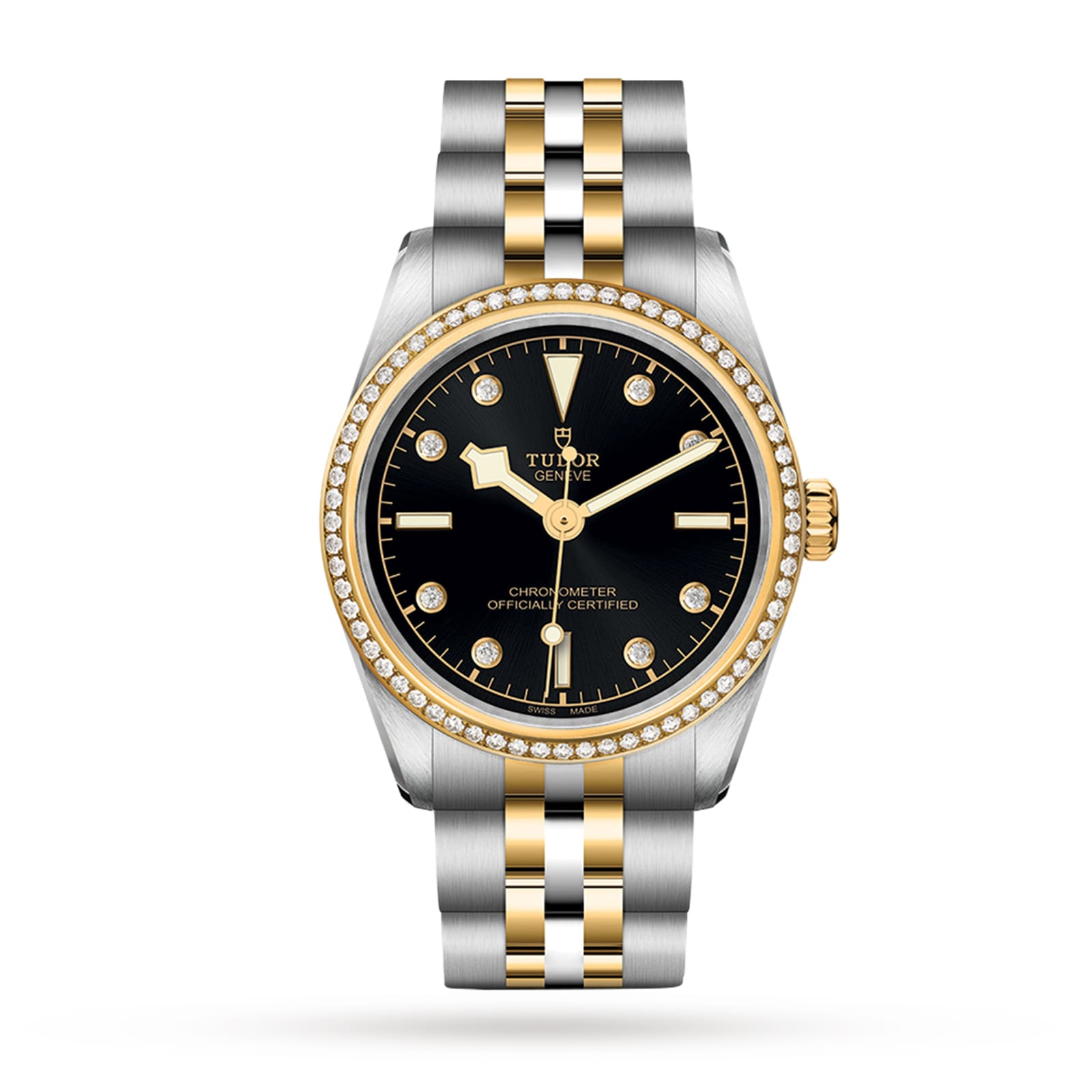 The TUDOR Black Bay One 31 S&G features a black dial, gold indices, diamond markers, a diamond-set bezel, and a steel & gold bracelet inspired by classic TUDOR divers’ watches.
