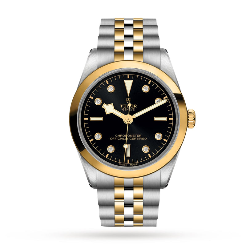 The TUDOR Black Bay One 36 S&G wristwatch features a black dial, gold hour markers, a steel and gold bracelet, and a gold bezel, shown against a white background.
