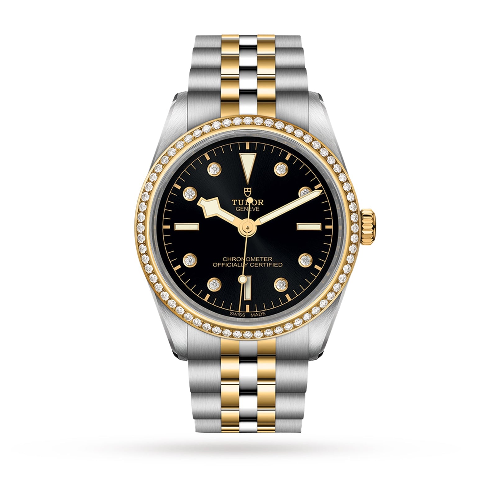 The TUDOR Black Bay One 36 S&G wristwatch features a black dial, diamond-set yellow gold bezel, and a two-tone silver and yellow gold bracelet.
