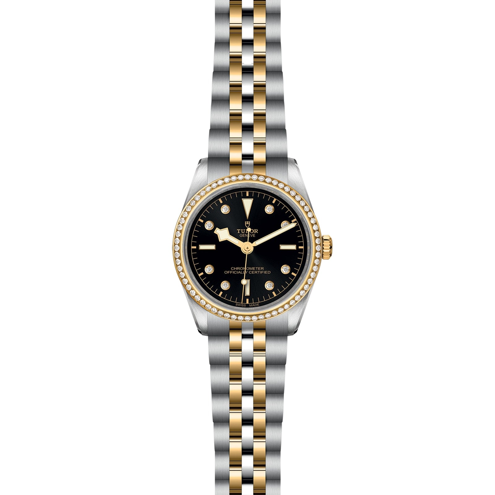The TUDOR Black Bay One 36 S&G features a black dial, yellow gold hour markers, a gold bezel, and a two-tone silver and gold metal link bracelet.