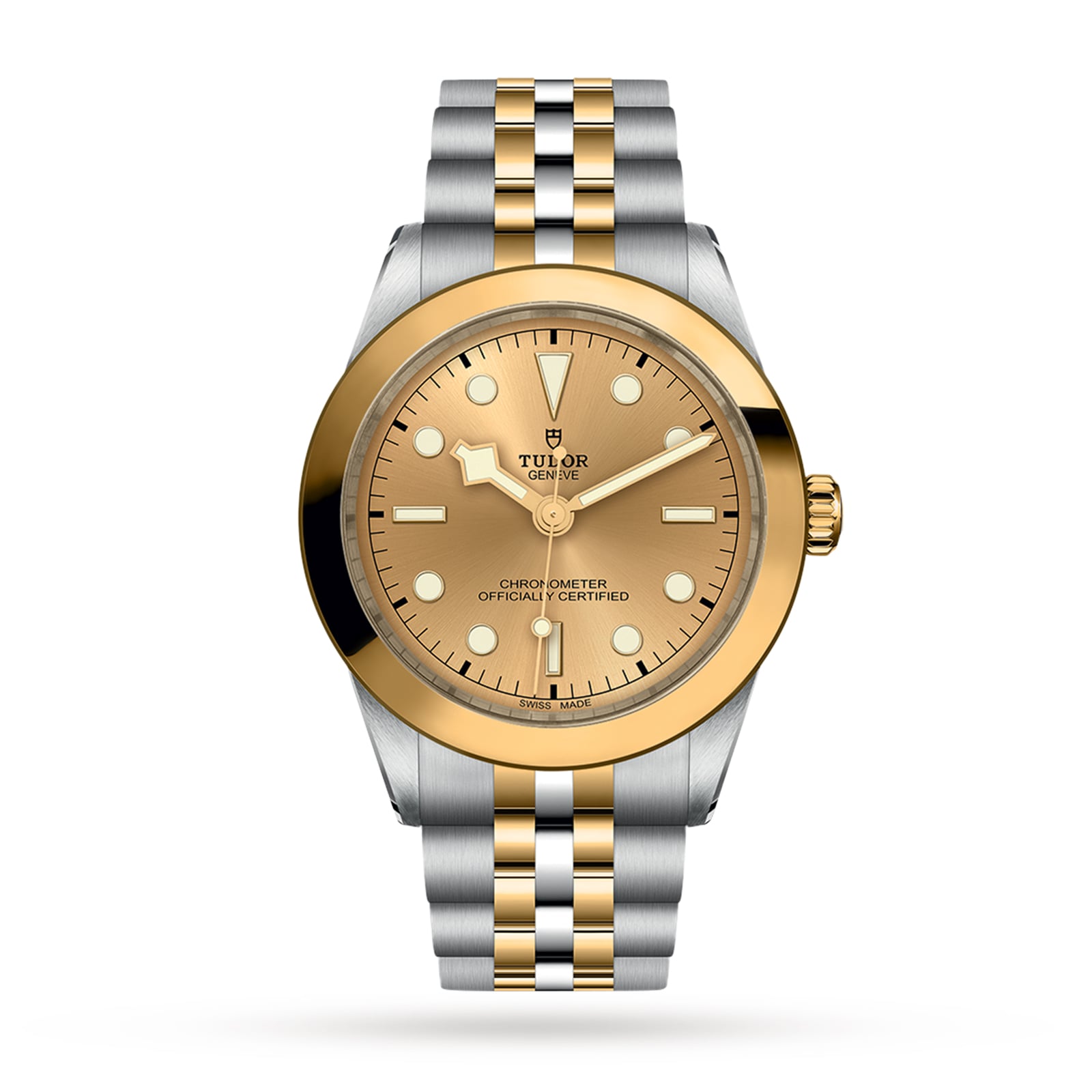 The TUDOR Black Bay One 39 S&G features a yellow gold dial, gold bezel, and a stainless steel and gold bracelet, elegantly showcased on a white background.