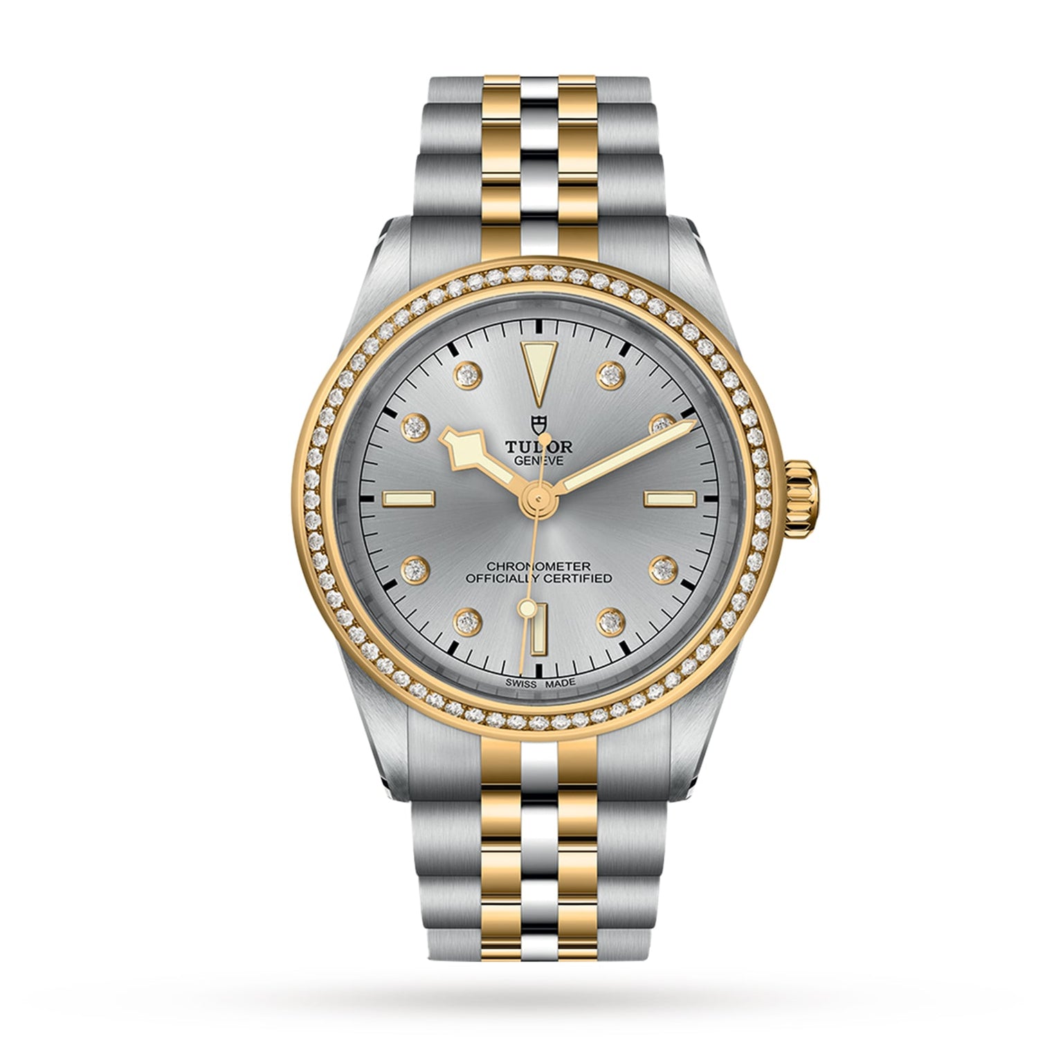 The TUDOR Black Bay One 39 S&G is a two-tone gold and silver wristwatch featuring a diamond bezel and a silver dial.