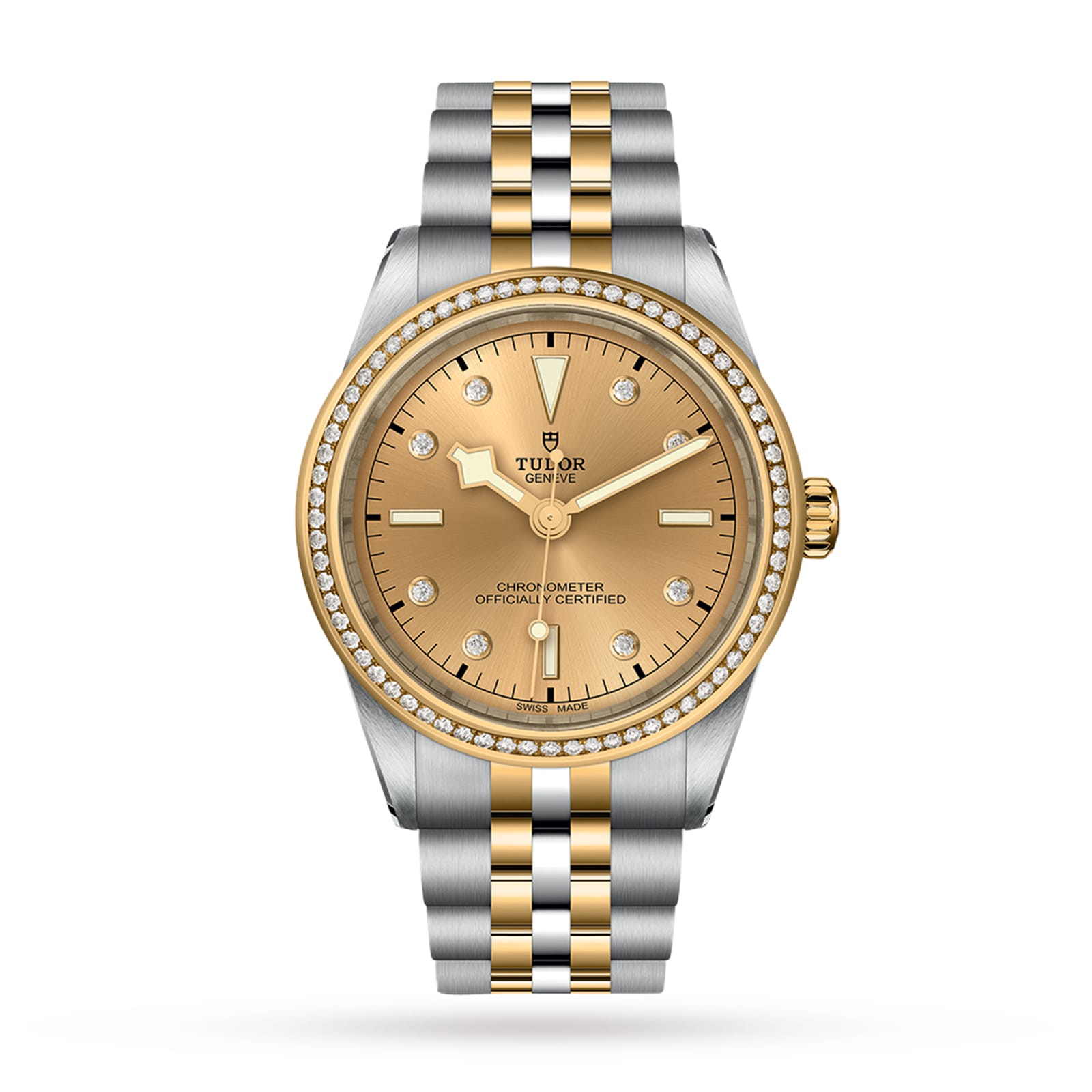 TUDOR Black Bay One 39 S&G wristwatch featuring a two-tone yellow gold and silver bracelet, gold dial with diamond markers, diamond-set bezel, and time displayed at 10:10.