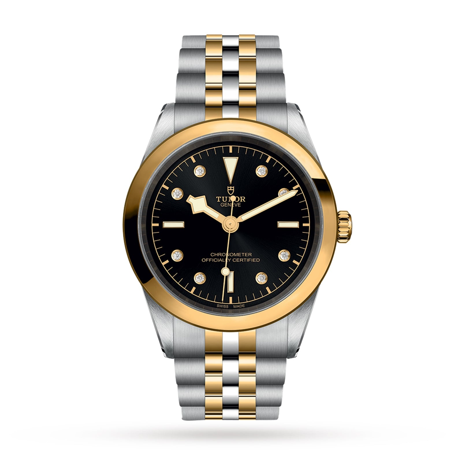 A TUDOR Black Bay One 41 S&G wristwatch features a black dial with diamond hour markers, a yellow gold bezel, and a silver and gold bracelet, displayed against a white background.