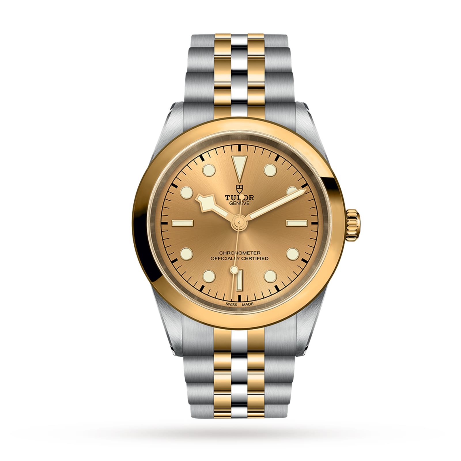 The TUDOR Black Bay One 41 S&G features a yellow gold and silver bracelet, gold bezel, and gold dial with round hour markers and three hands.