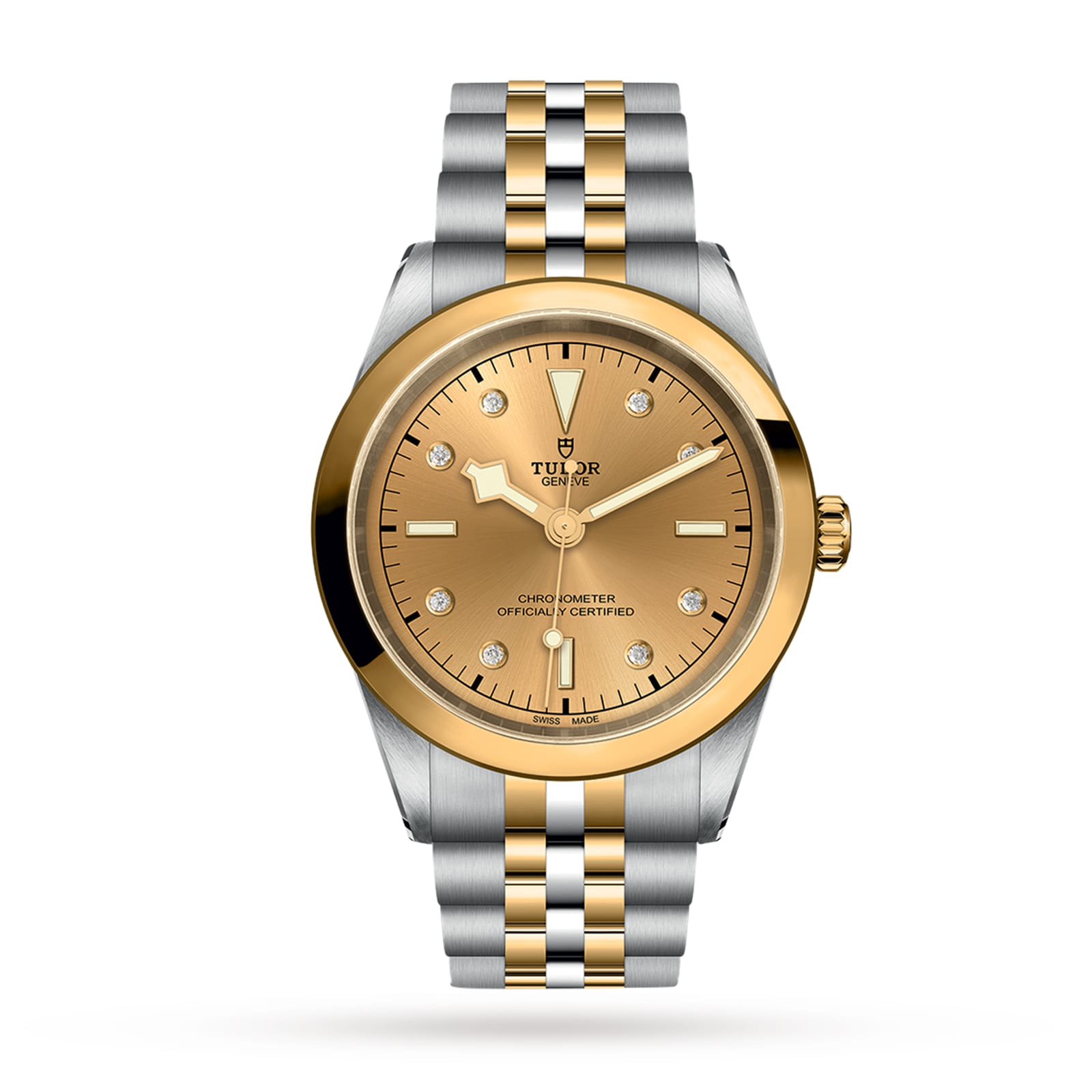 The TUDOR Black Bay One 41 S&G features a two-tone yellow gold and silver metal band, gold dial with diamond hour markers, and a date window at 3 oclock.