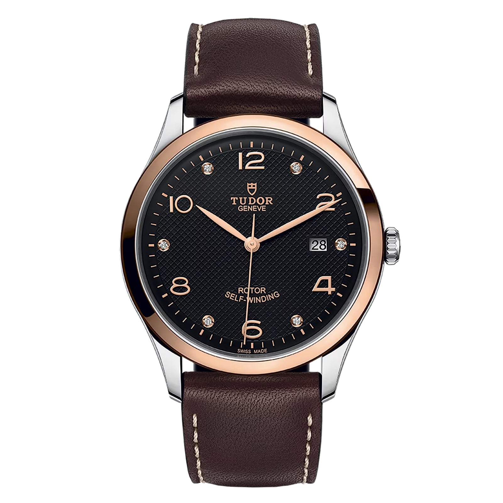 The TUDOR 1926 is a contemporary wristwatch with a brown leather strap, black dial, gold-tone bezel, silver and gold hour markers, and a date display at 3 o’clock—an elegant pick for fans of mechanical timepieces.