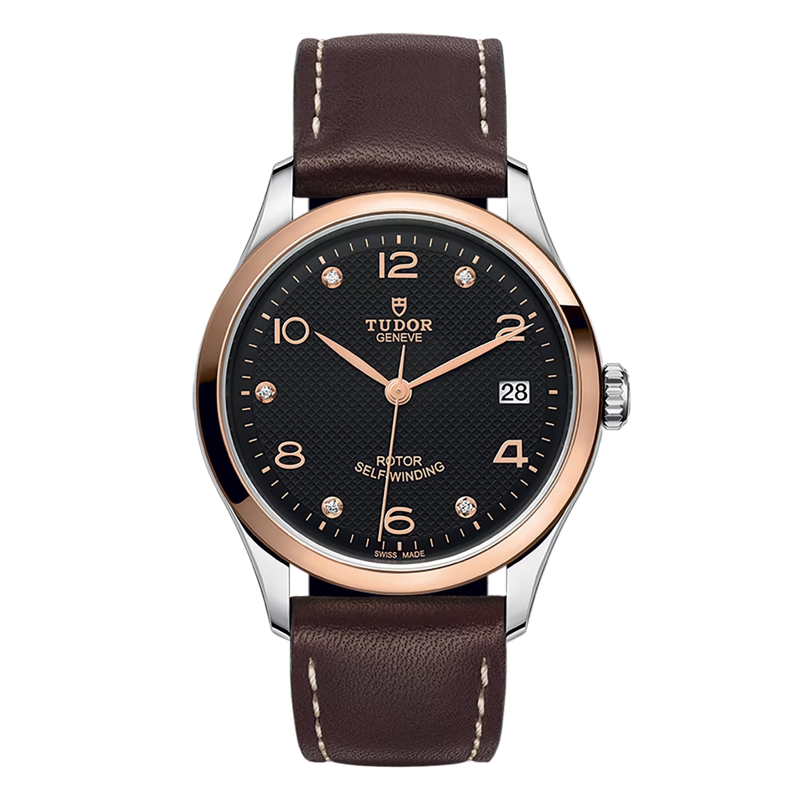 The TUDOR 1926 features a black dial, rose gold bezel, brown leather strap, date display at 3 oclock, and diamond hour markers—exemplifying the timeless elegance of mechanical watches.