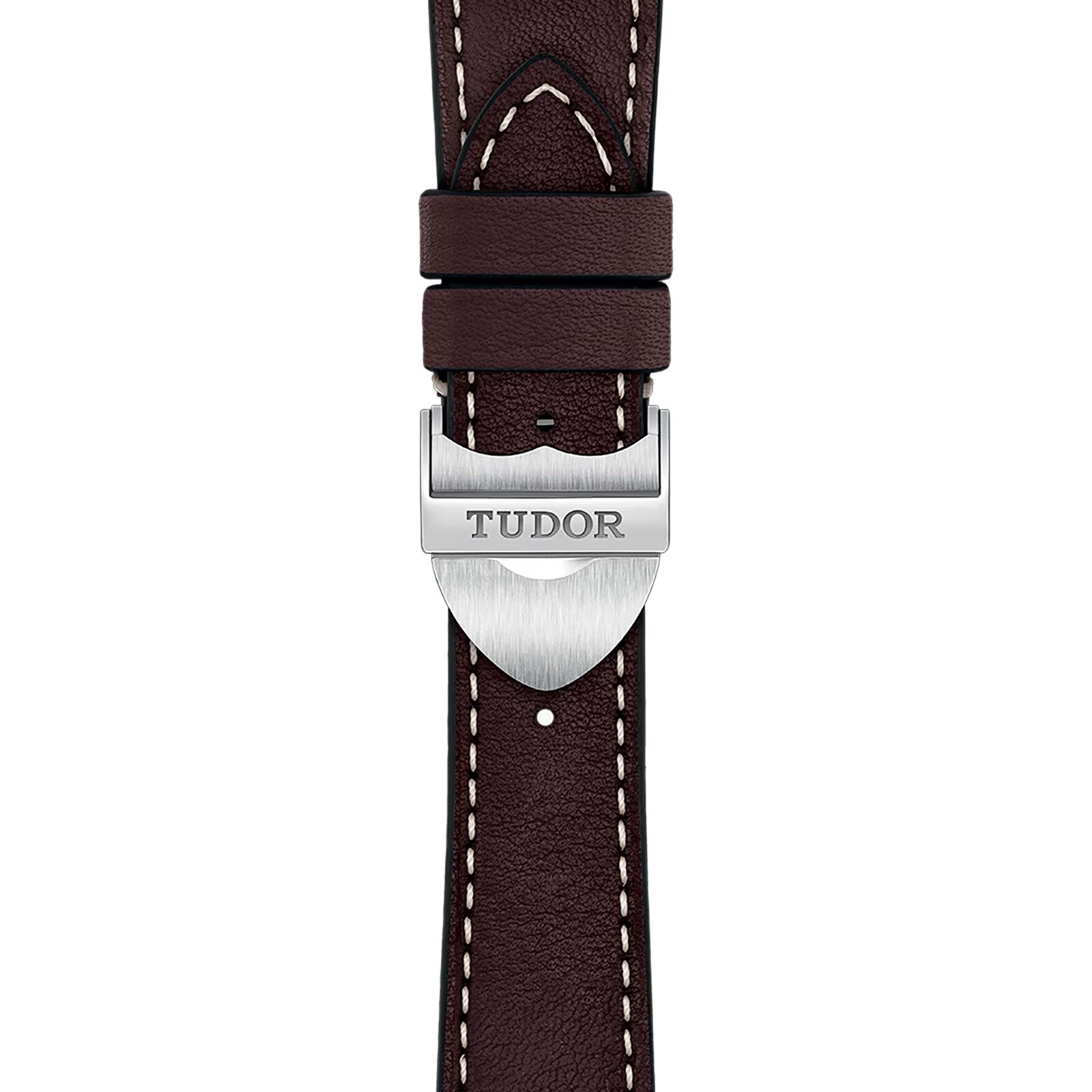 A brown leather strap with white stitching and a silver clasp engraved “TUDOR”—the perfect accessory for TUDOR’s 1926 watch and classic mechanical watch enthusiasts.