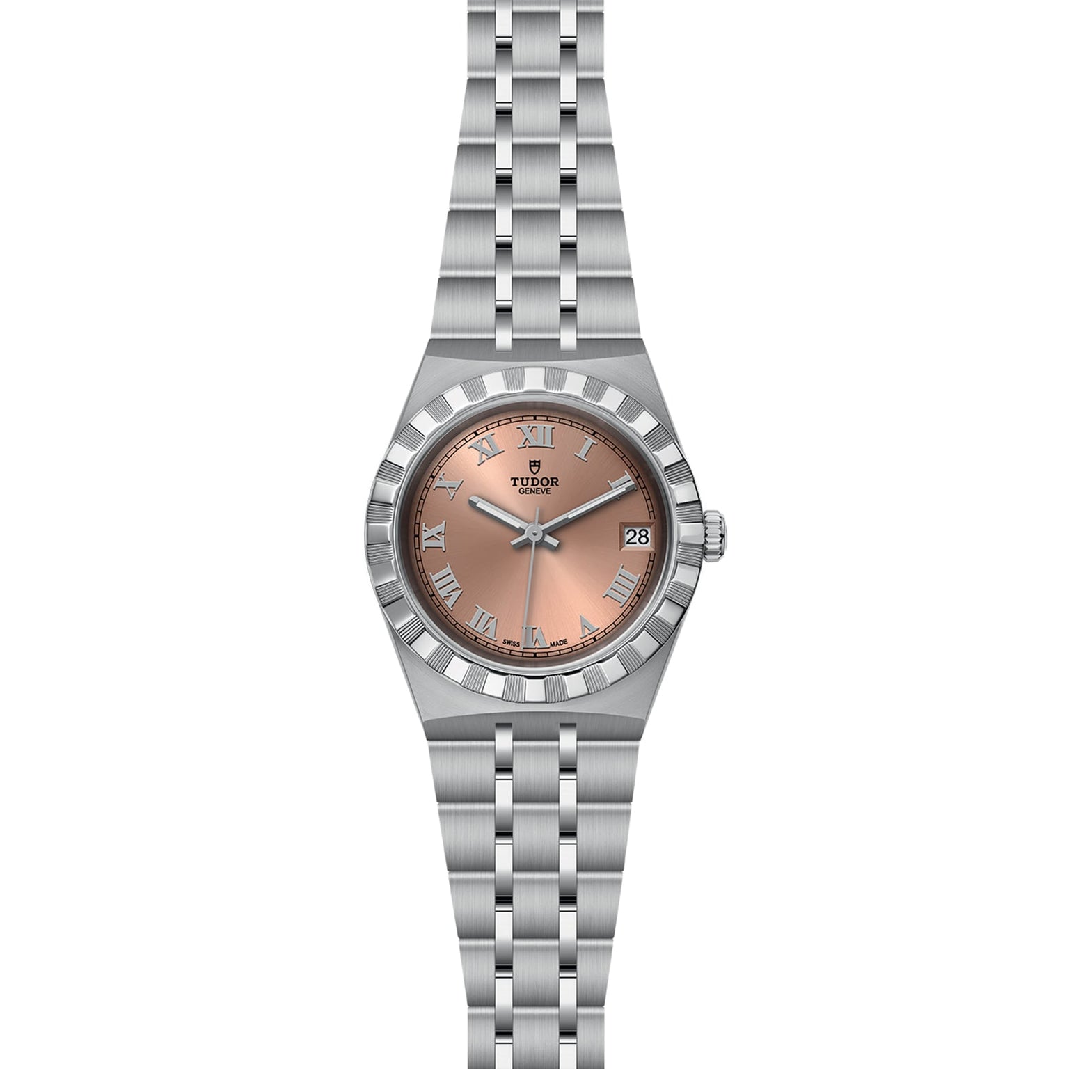 The TUDOR Royal is a stainless steel sport chic wristwatch with a salmon-colored dial, Roman numerals, automatic movement, date window at 3 o’clock, and a five-link bracelet.