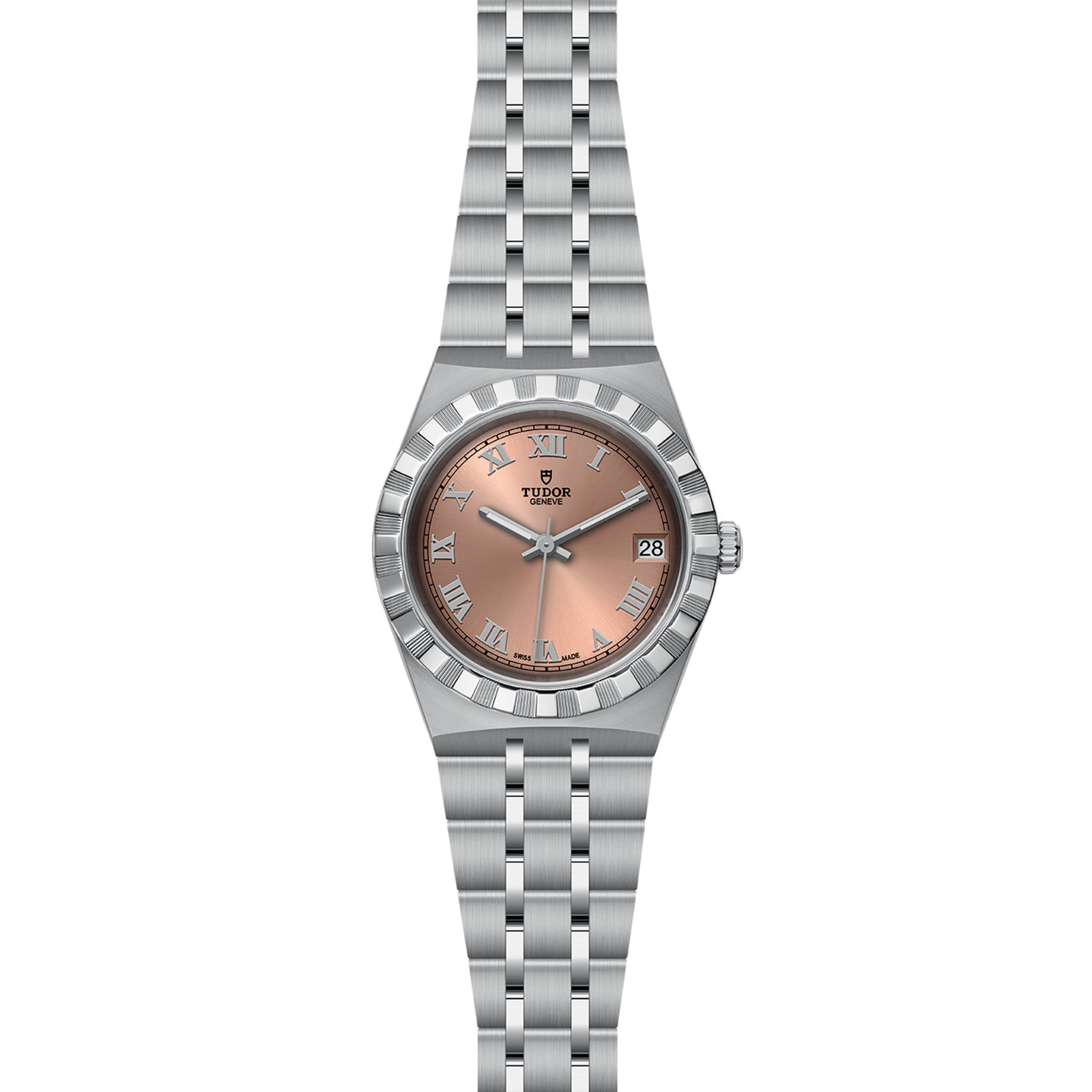 The TUDOR Royal is a stainless steel sport chic wristwatch with a salmon-colored dial, Roman numerals, automatic movement, date window at 3 o’clock, and a five-link bracelet.