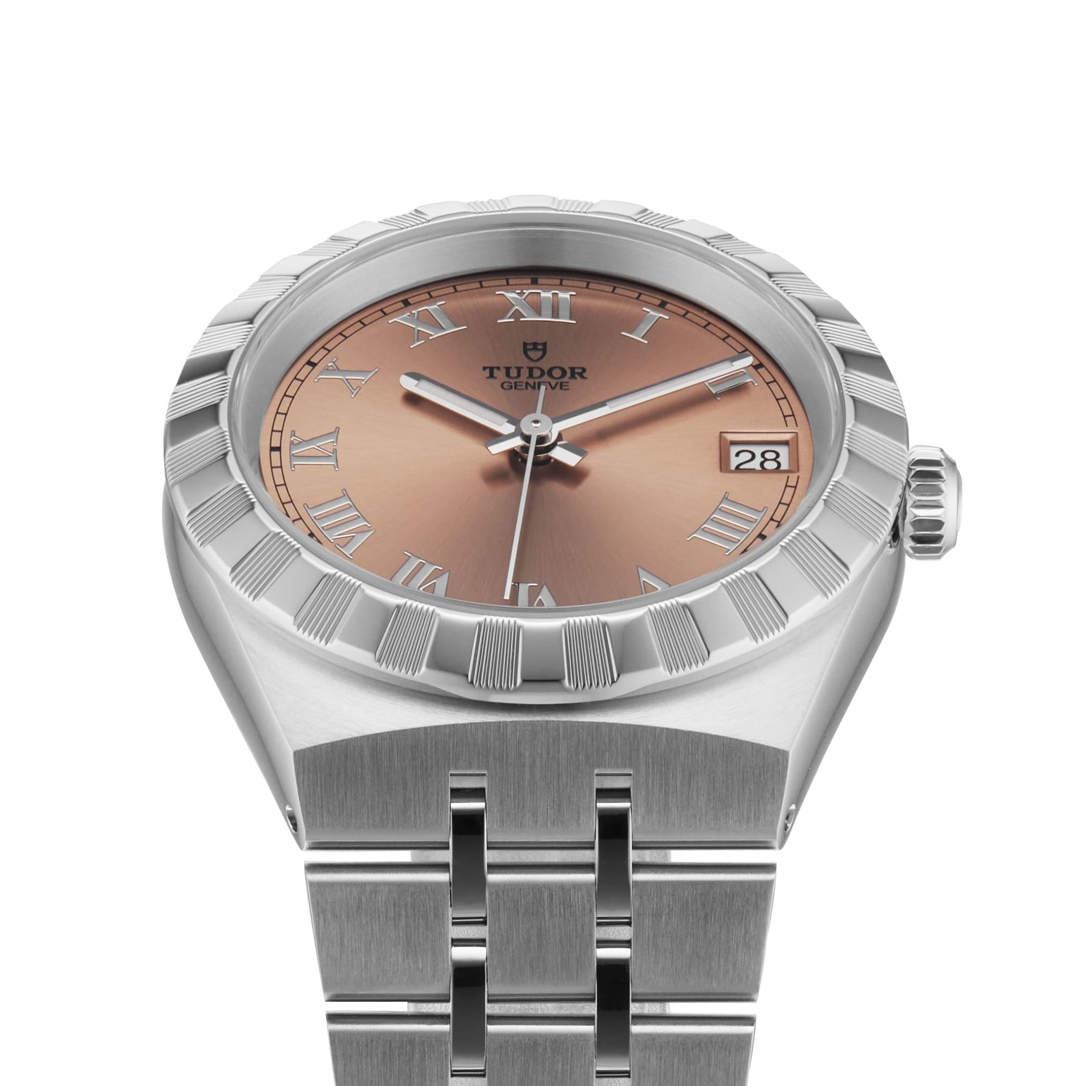 The TUDOR Royal is a sport chic wristwatch with a silver metal band, fluted bezel, bronze sunray dial with Roman numerals, automatic movement, and a date window at 3 o’clock.