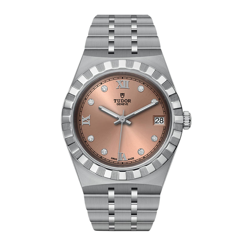 The TUDOR Royal is a stainless steel wristwatch featuring a rose gold dial, diamond hour markers, Roman numerals, automatic movement, and a date display at 3 o’clock—showcasing timeless sport chic style.