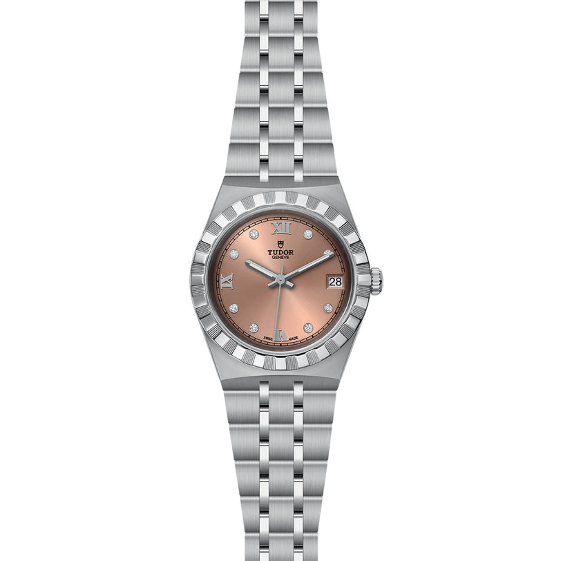 The TUDOR Royal is a sport chic stainless steel wristwatch featuring a pink dial with diamond hour markers, Roman numerals, a fluted bezel, automatic movement, and a date window at 3 o’clock.