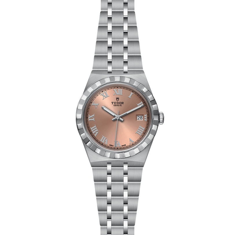 The TUDOR Royal wristwatch features a stainless steel case, salmon dial, Roman numerals, automatic movement, and a date window at 3 o’clock, shown from the front.