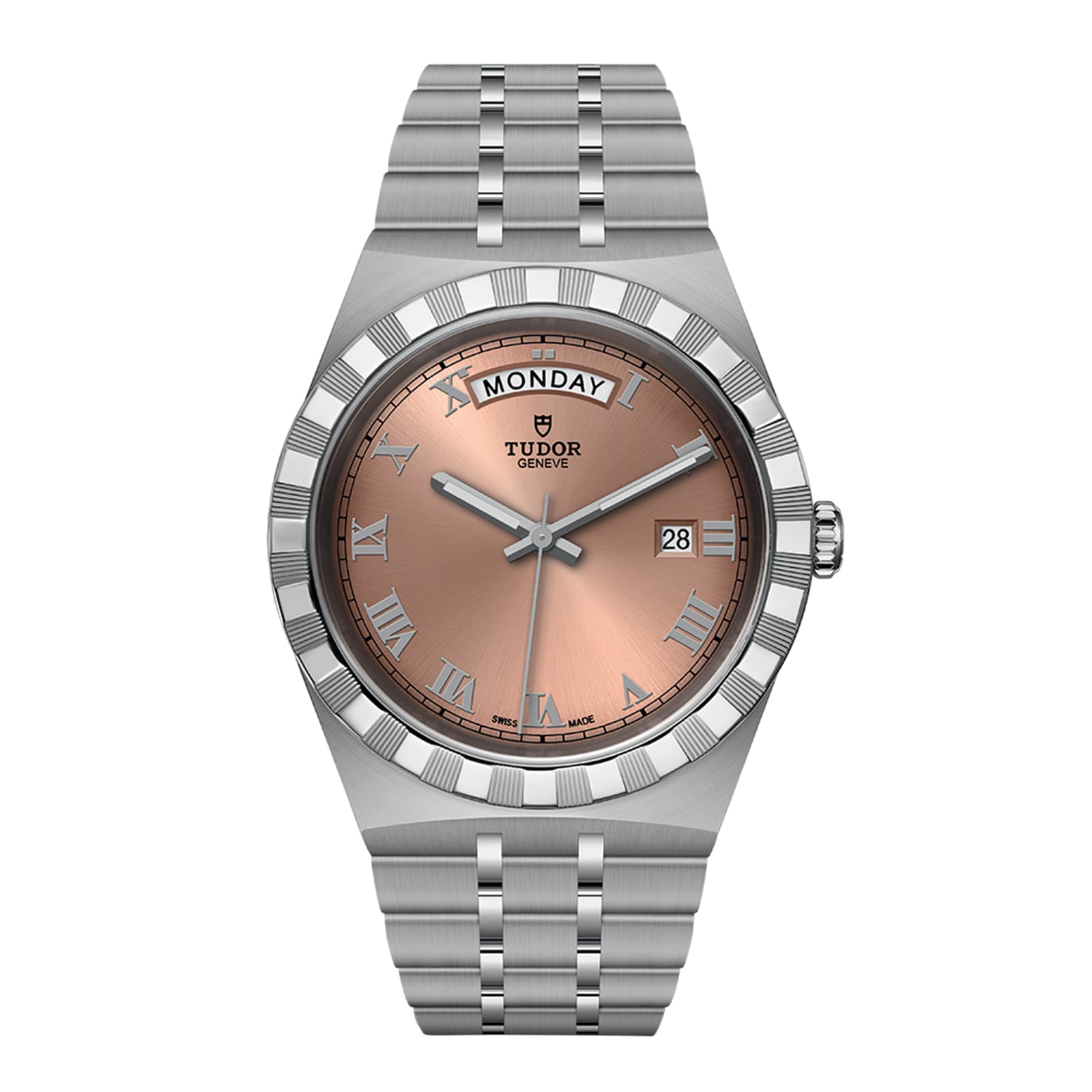 The TUDOR Royal wristwatch features a silver case, salmon dial with Roman numerals, sport chic design, automatic movement, day display at 12 o’clock, and date display at 3 o’clock.