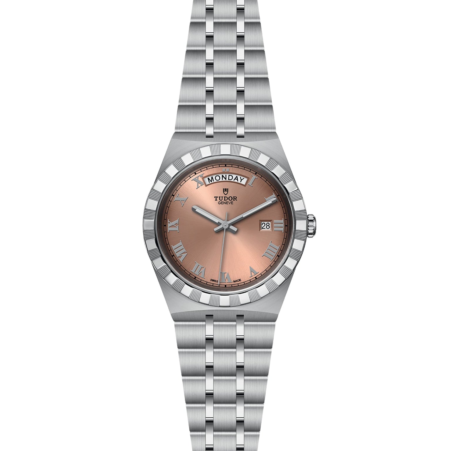 The TUDOR Royal is a stainless steel wristwatch featuring a pink dial with Roman numerals, day and date display, five-link bracelet, and automatic movement for a sport chic look.