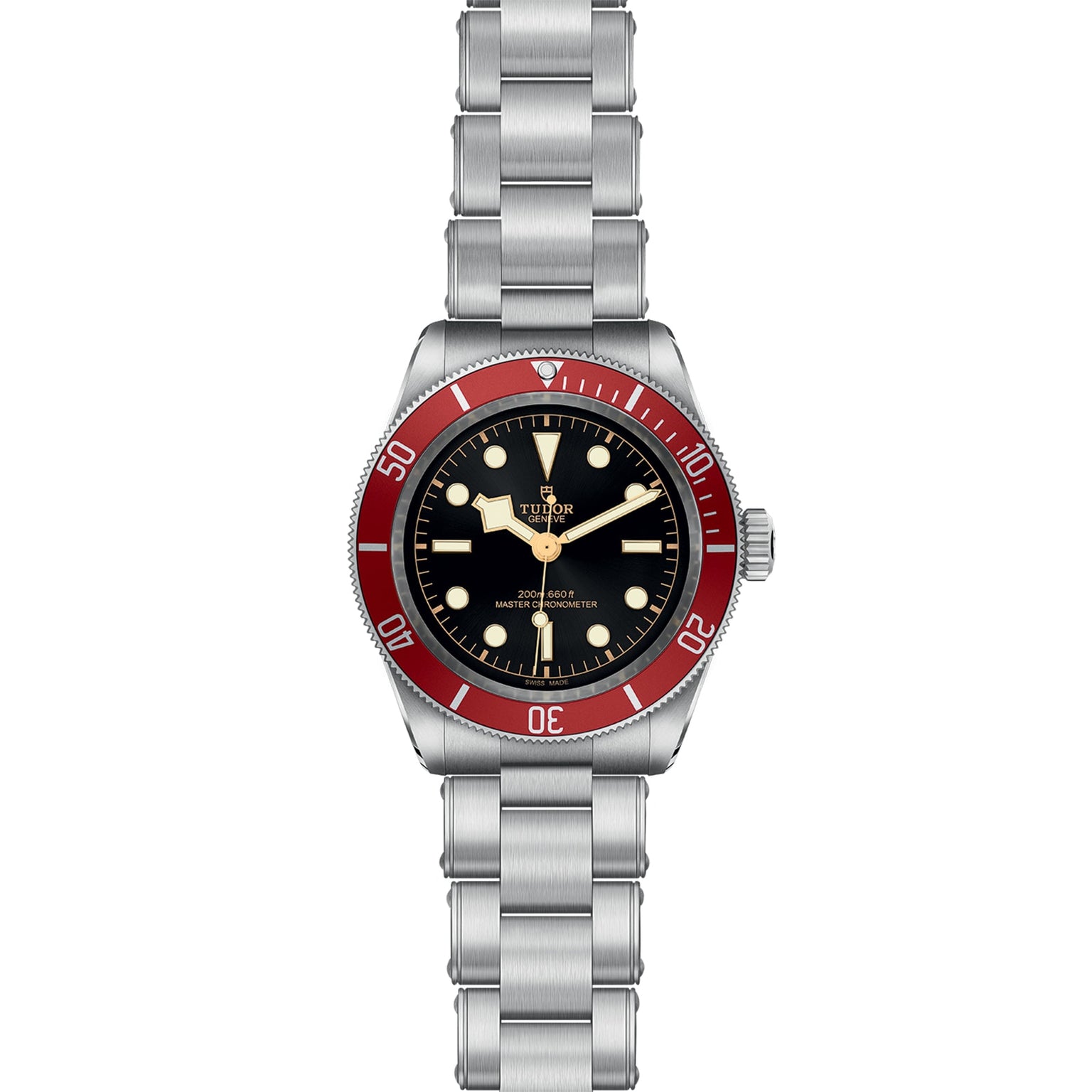 The TUDOR Black Bay wristwatch features a stainless steel case, black dial with round markers, burgundy bezel, metal bracelet, Tudor logo, and 200m:660ft water resistance on the face.