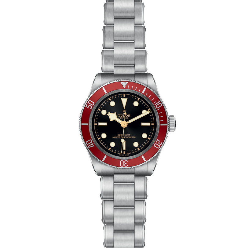 The TUDOR Black Bay wristwatch features a stainless steel case, black dial with round markers, burgundy bezel, metal bracelet, Tudor logo, and 200m:660ft water resistance on the face.