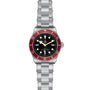 The TUDOR Black Bay wristwatch features a stainless steel case, black dial with round markers, burgundy bezel, metal bracelet, Tudor logo, and 200m:660ft water resistance on the face.