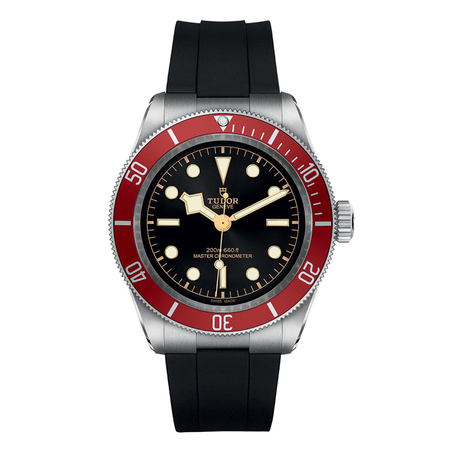 A TUDOR Black Bay watch with a black dial, luminous markers, burgundy bezel, and black rubber strap is displayed on a white background.