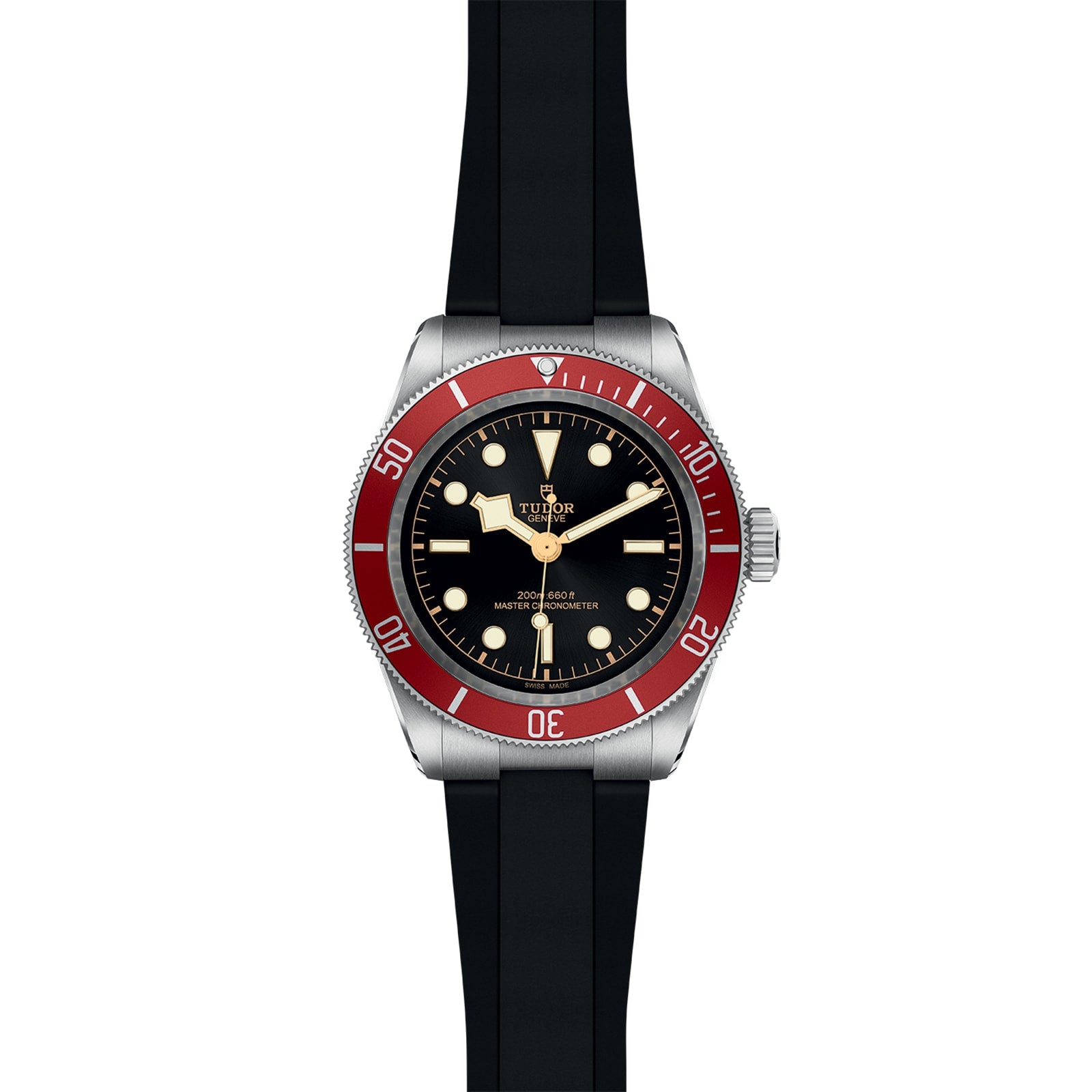 A TUDOR Black Bay wristwatch with a black dial, round hour markers, a burgundy bezel, and a black rubber strap is displayed against a plain background.