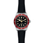 A TUDOR Black Bay wristwatch with a black dial, round hour markers, a burgundy bezel, and a black rubber strap is displayed against a plain background.