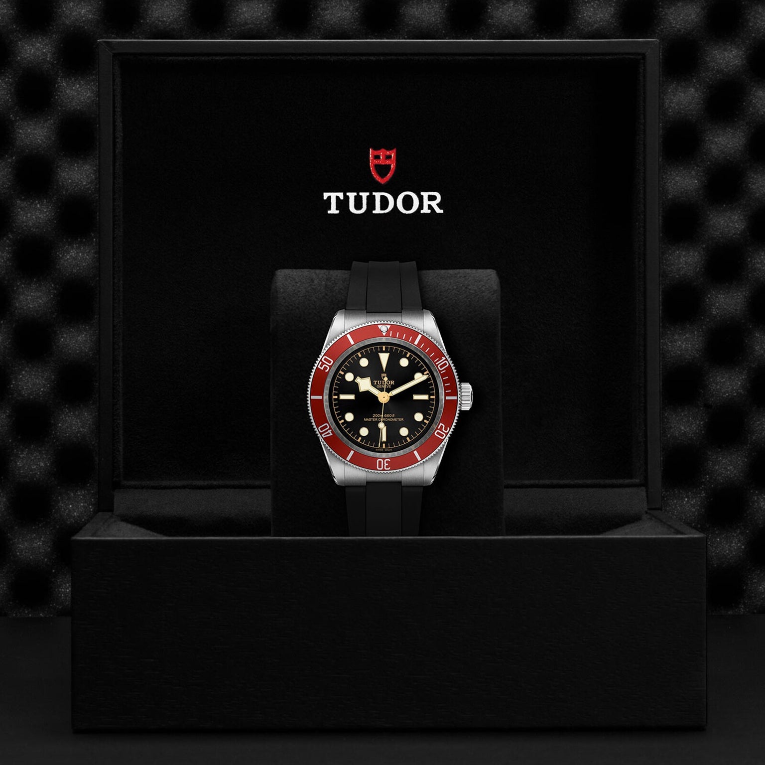 A TUDOR Black Bay wristwatch with a black dial and burgundy bezel on a black strap is displayed in an open black TUDOR box.