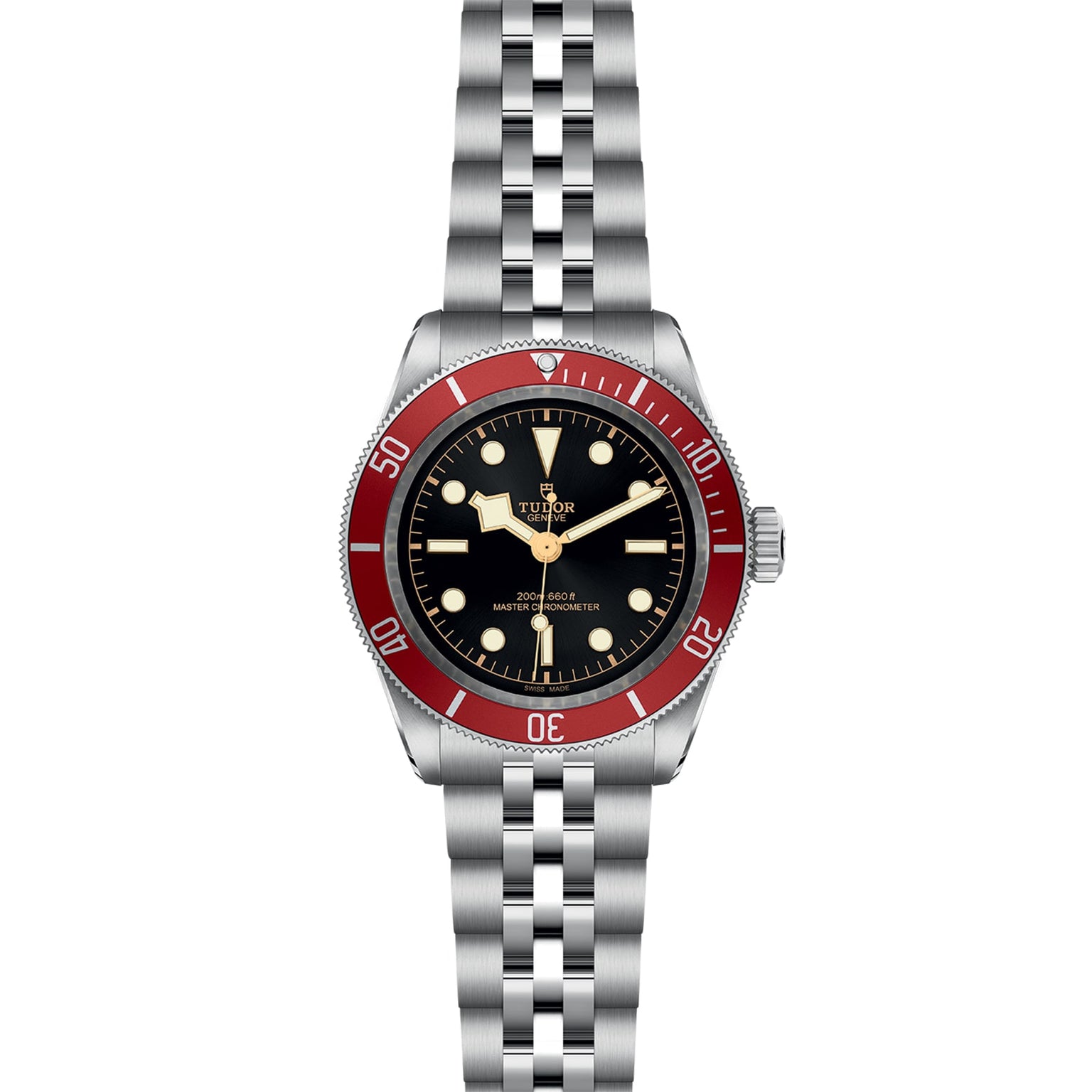 The TUDOR Black Bay is a stainless steel wristwatch with a burgundy bezel, black dial with round markers, silver link bracelet, and the Tudor branding visible on the dial.
