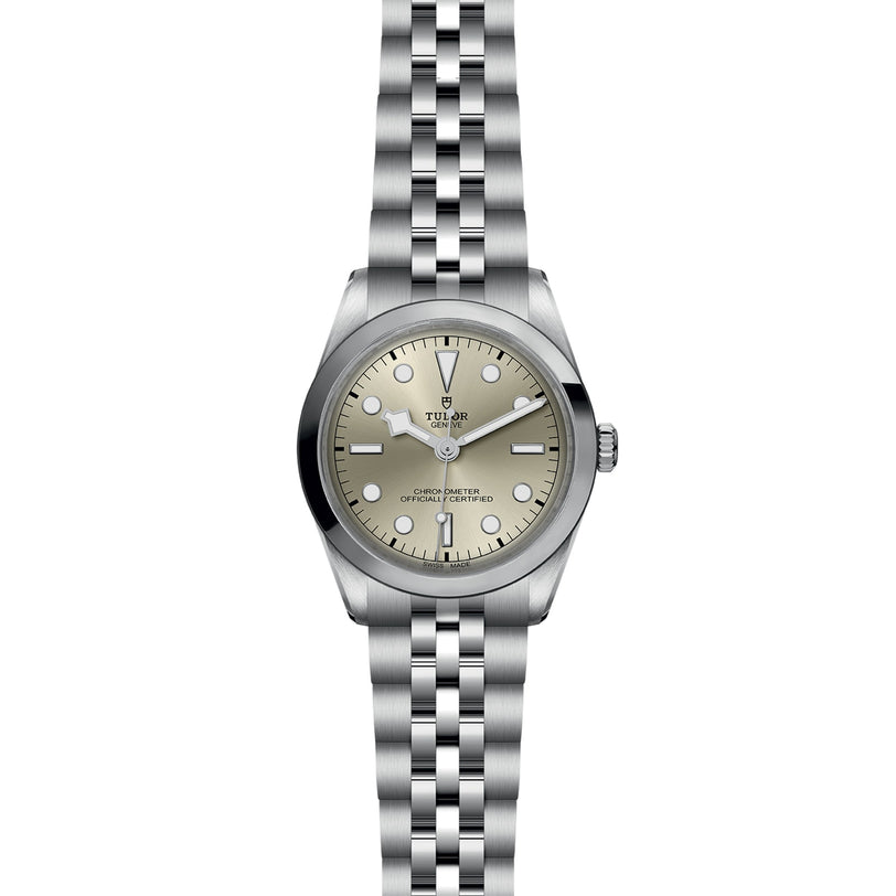 The TUDOR Black Bay One 36 is a stainless steel unisex watch with a silver dial, simple hour markers, and a five-link bracelet. Inspired by Black Bay models, it features the TUDOR logo and text for timeless elegance.