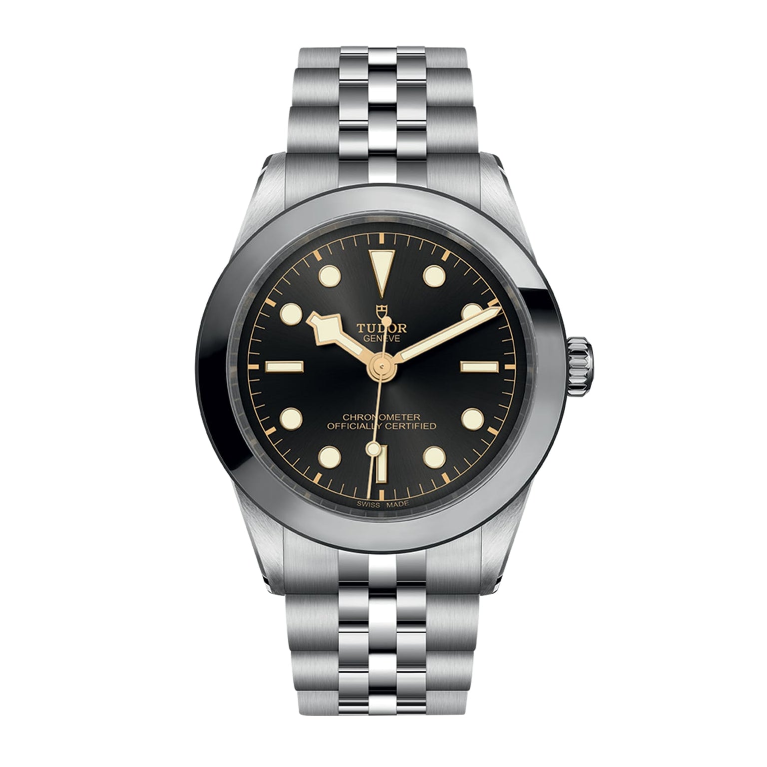 The TUDOR Black Bay One 39 wristwatch features a stainless steel case, black dial with luminescent markers, and a silver metal link bracelet, showcasing unisex style against a white background.