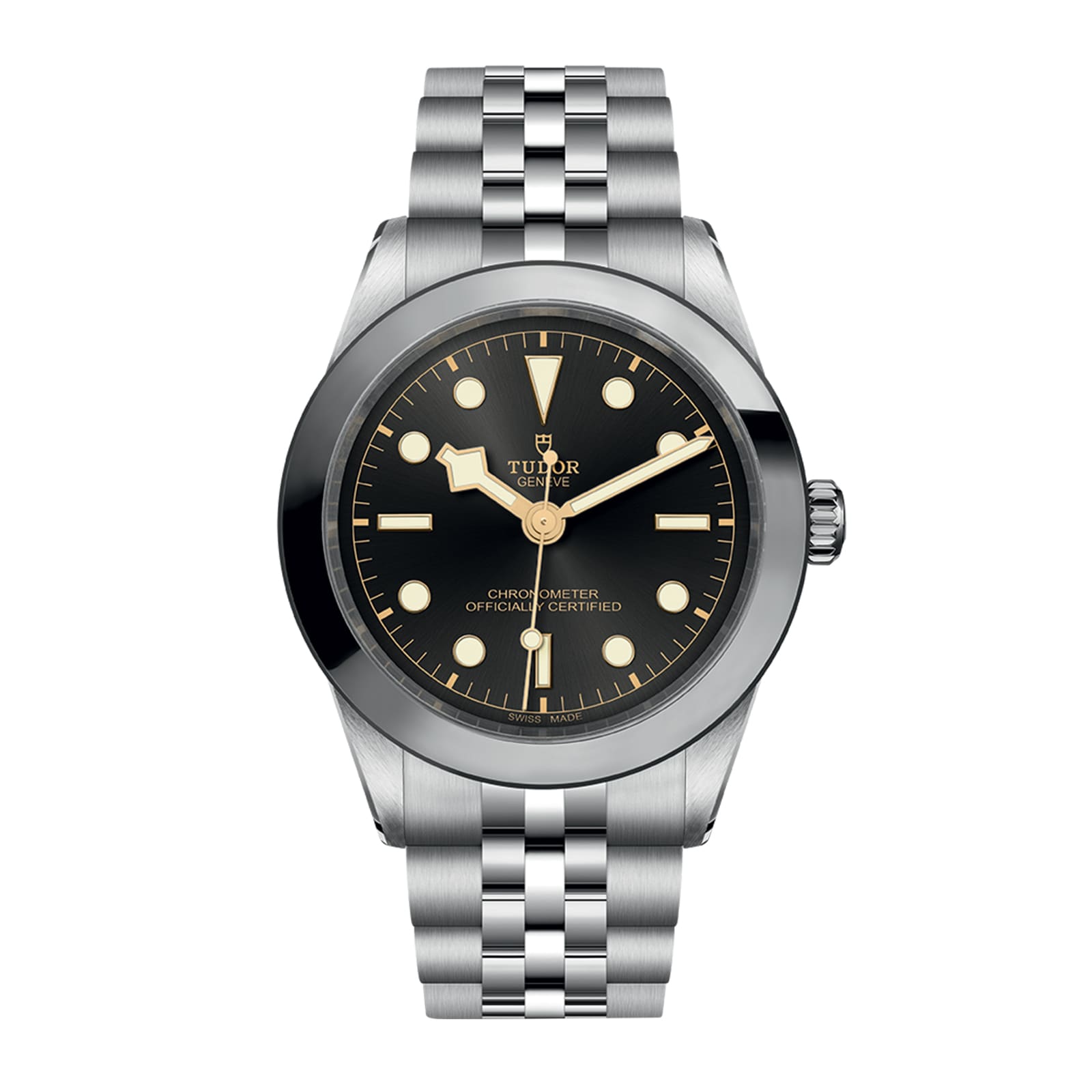 The TUDOR Black Bay One 39 wristwatch features a stainless steel case, black dial with luminescent markers, and a silver metal link bracelet, showcasing unisex style against a white background.