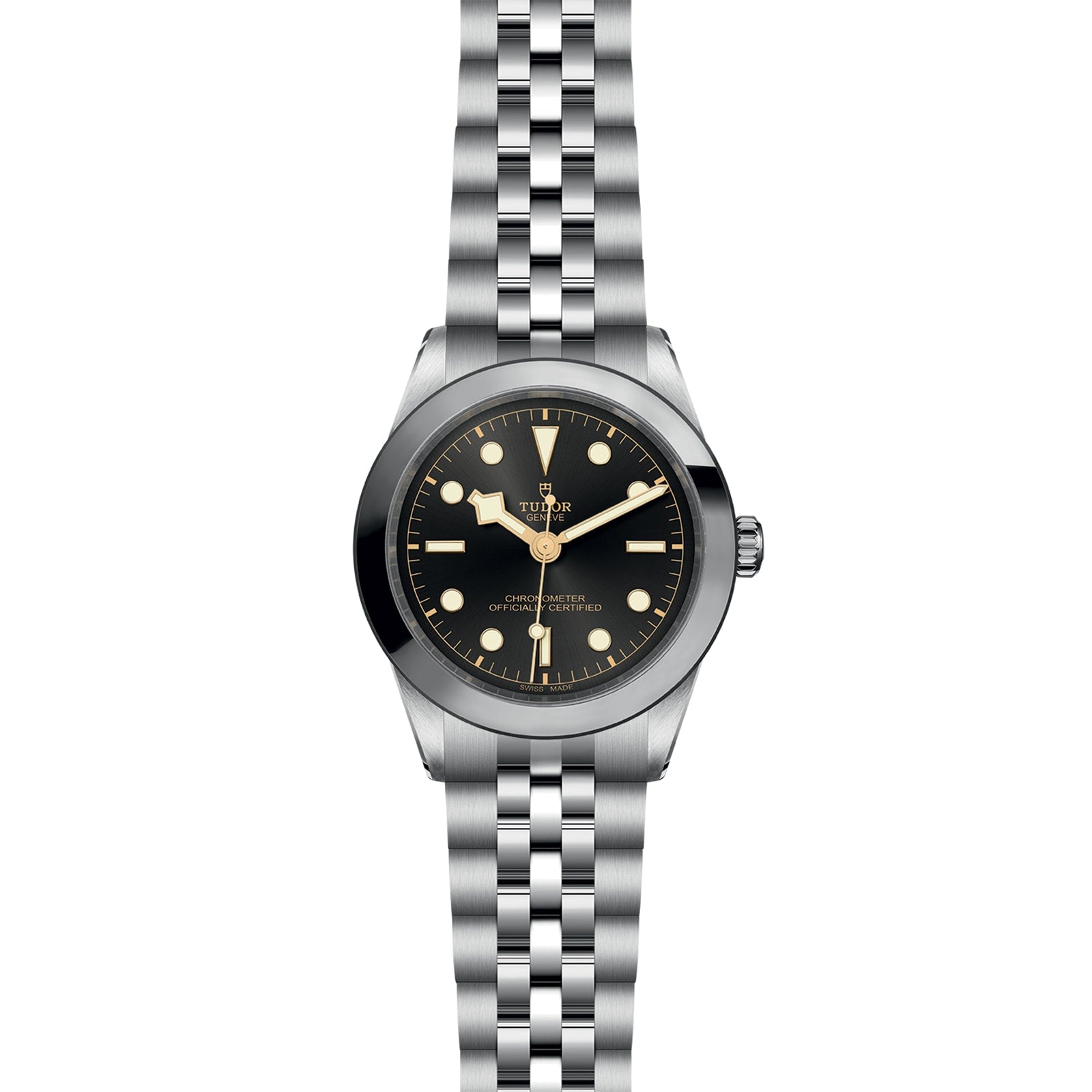 The TUDOR Black Bay One 39 is a silver wristwatch with a black dial, luminescent markers, and a stainless steel bracelet.