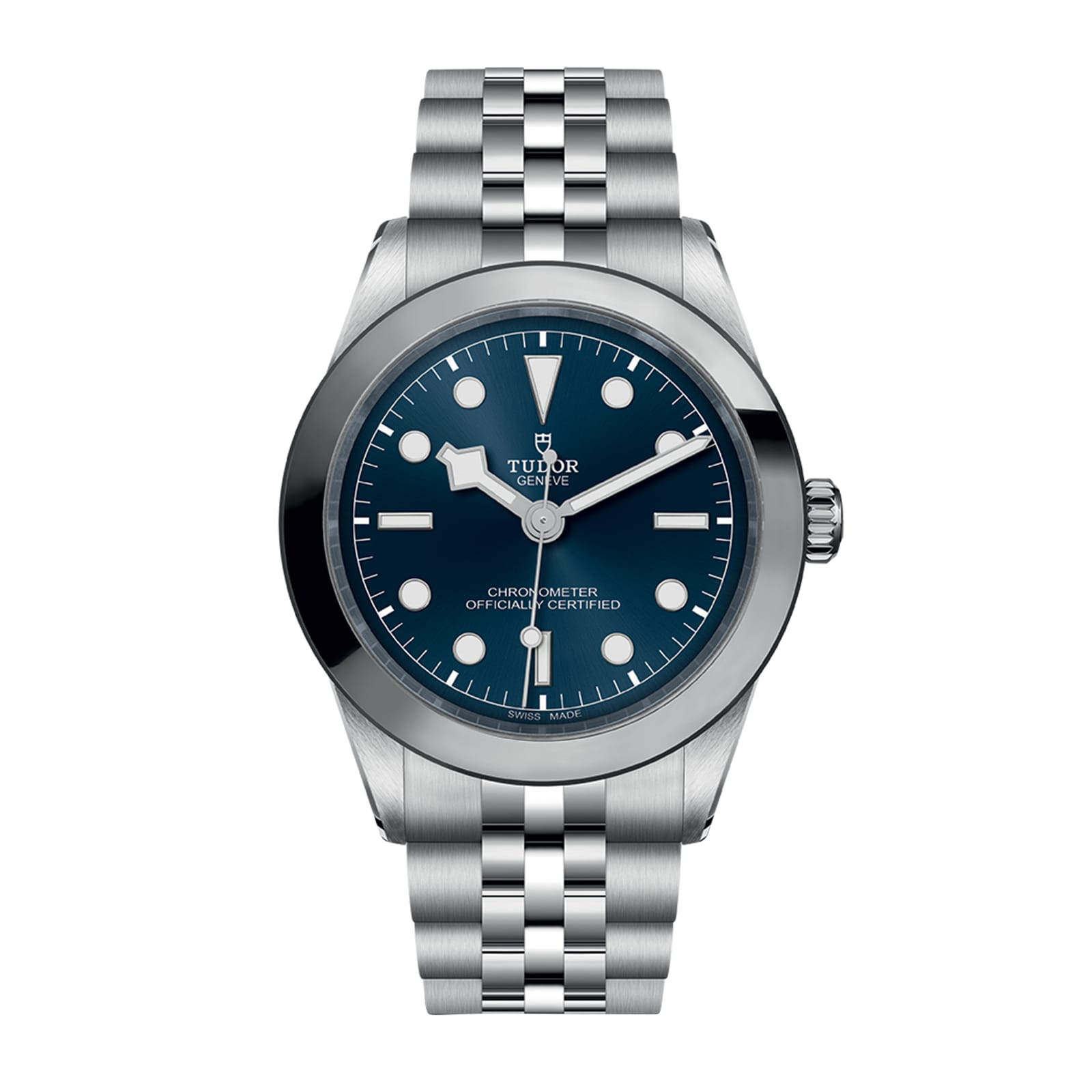A TUDOR Black Bay One 39 wristwatch with a silver metal bracelet, blue dial, and white hour markers shown on a plain white background.