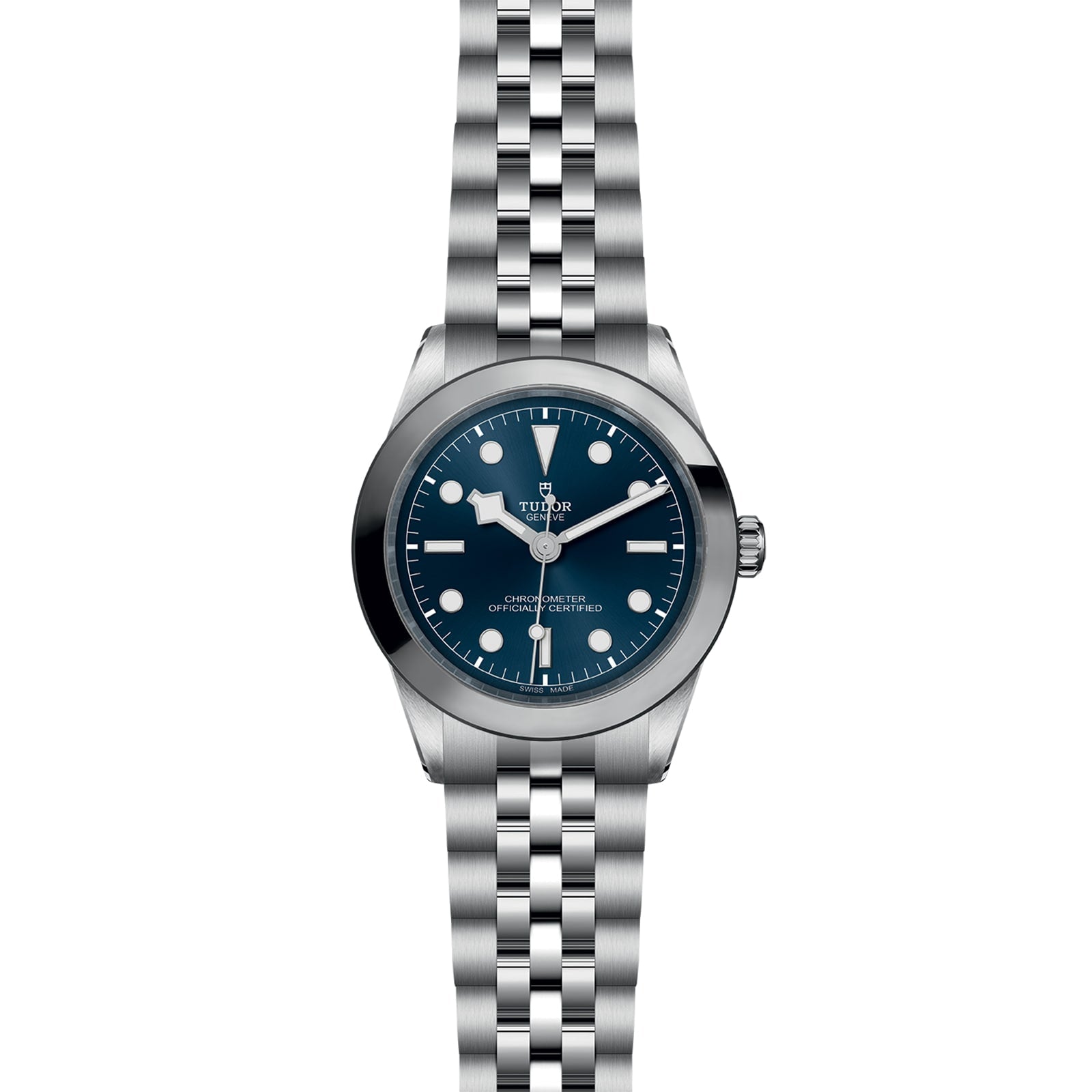 The TUDOR Black Bay One 39 is a unisex stainless steel wristwatch with a blue dial, luminous markers, and a five-link bracelet—blending iconic elegance—shown against a white background.