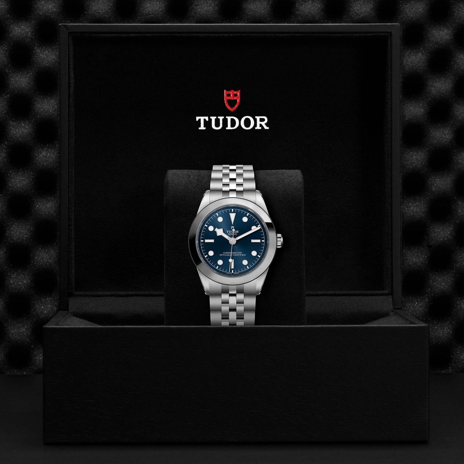 The TUDOR Black Bay One 39, a unisex wristwatch with a blue dial and silver metal band, is showcased upright in its open black box featuring the TUDOR logo, reflecting the refined Black Bay style and advanced Manufacture Calibres.