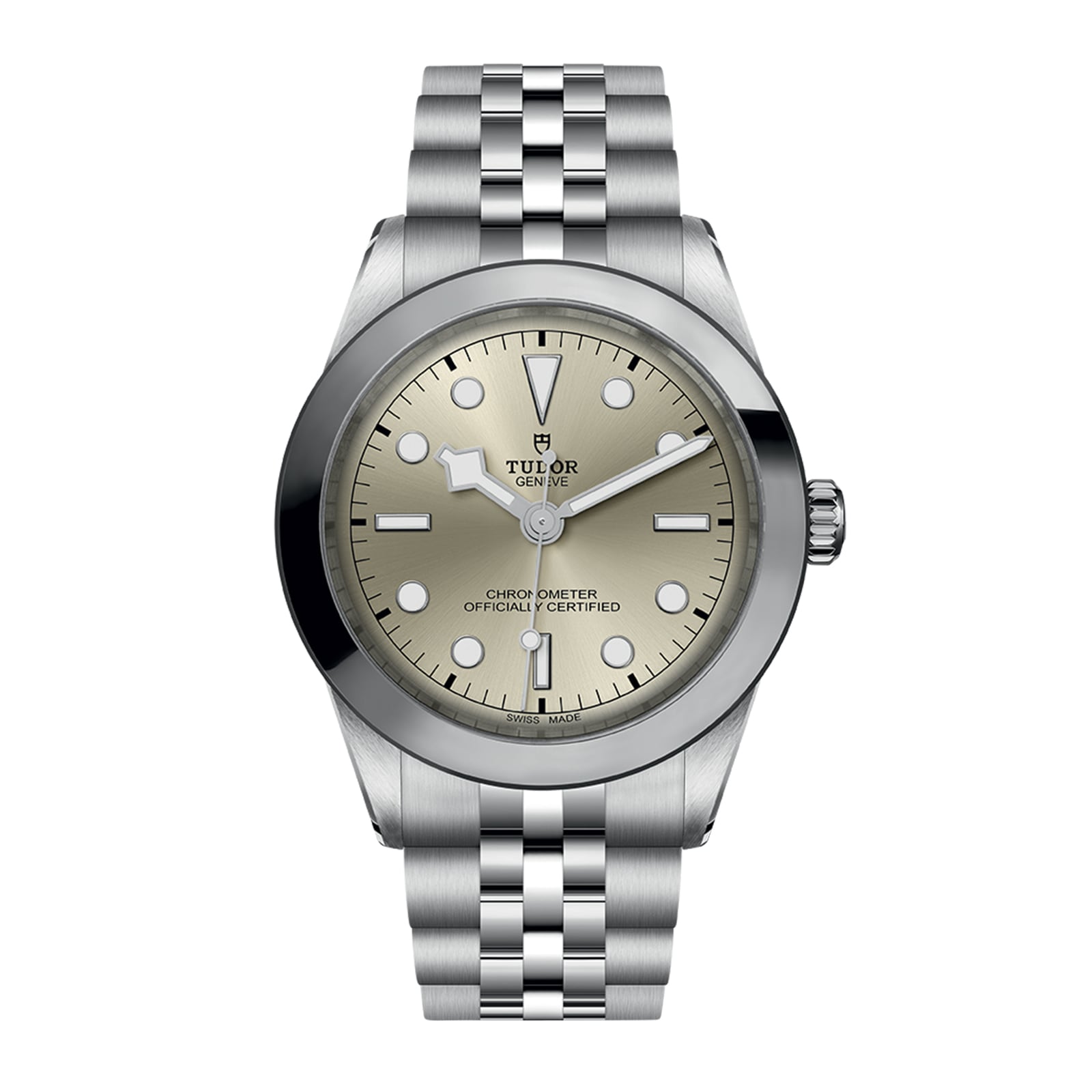 The TUDOR Black Bay One 39 wristwatch features a stainless steel case, champagne dial, silver hour markers, and a metal link bracelet for unisex style inspired by classic Black Bay elegance. Shown on a white background.